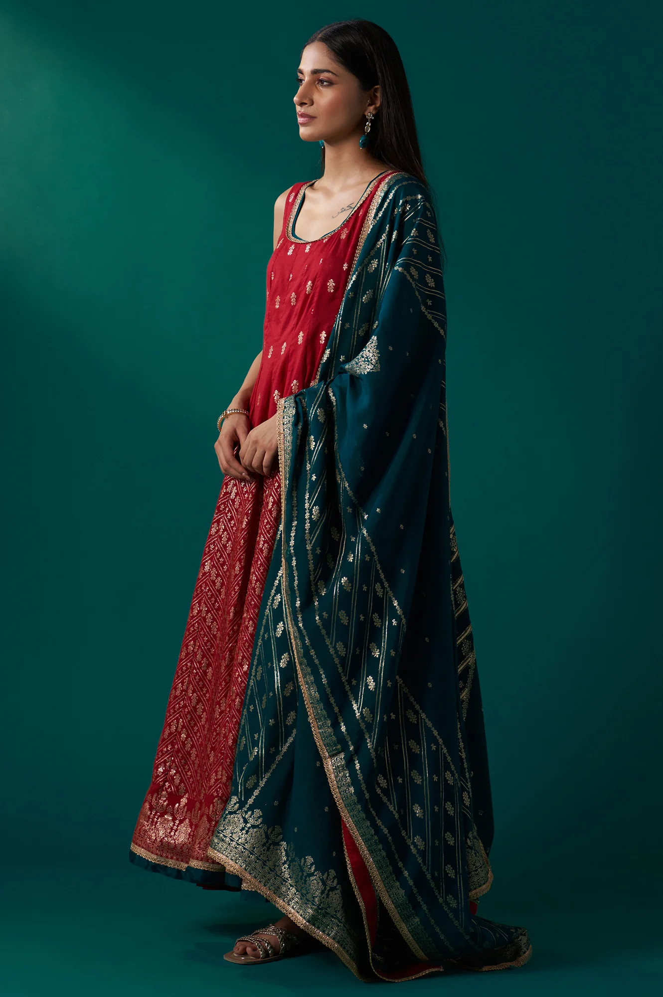 Red Zari Embroidered Jacquard Anarkali Sleeveless Kurta with Churidar and Dupatta Set - Image 3