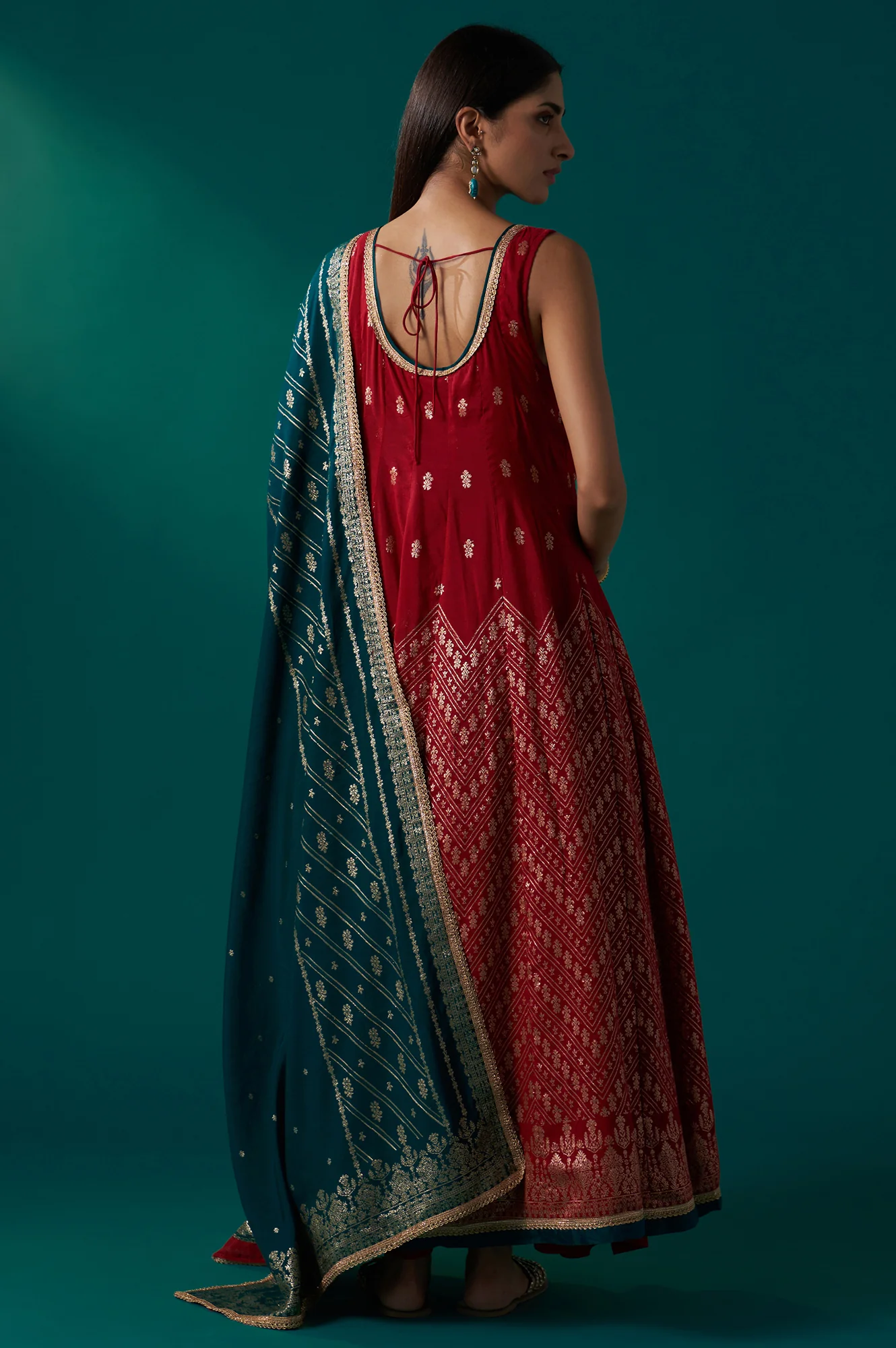 Red Zari Embroidered Jacquard Anarkali Sleeveless Kurta with Churidar and Dupatta Set - Image 4