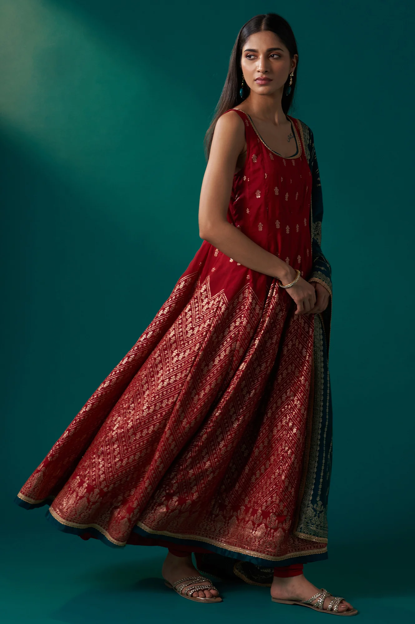 Red Zari Embroidered Jacquard Anarkali Sleeveless Kurta with Churidar and Dupatta Set - Image 5