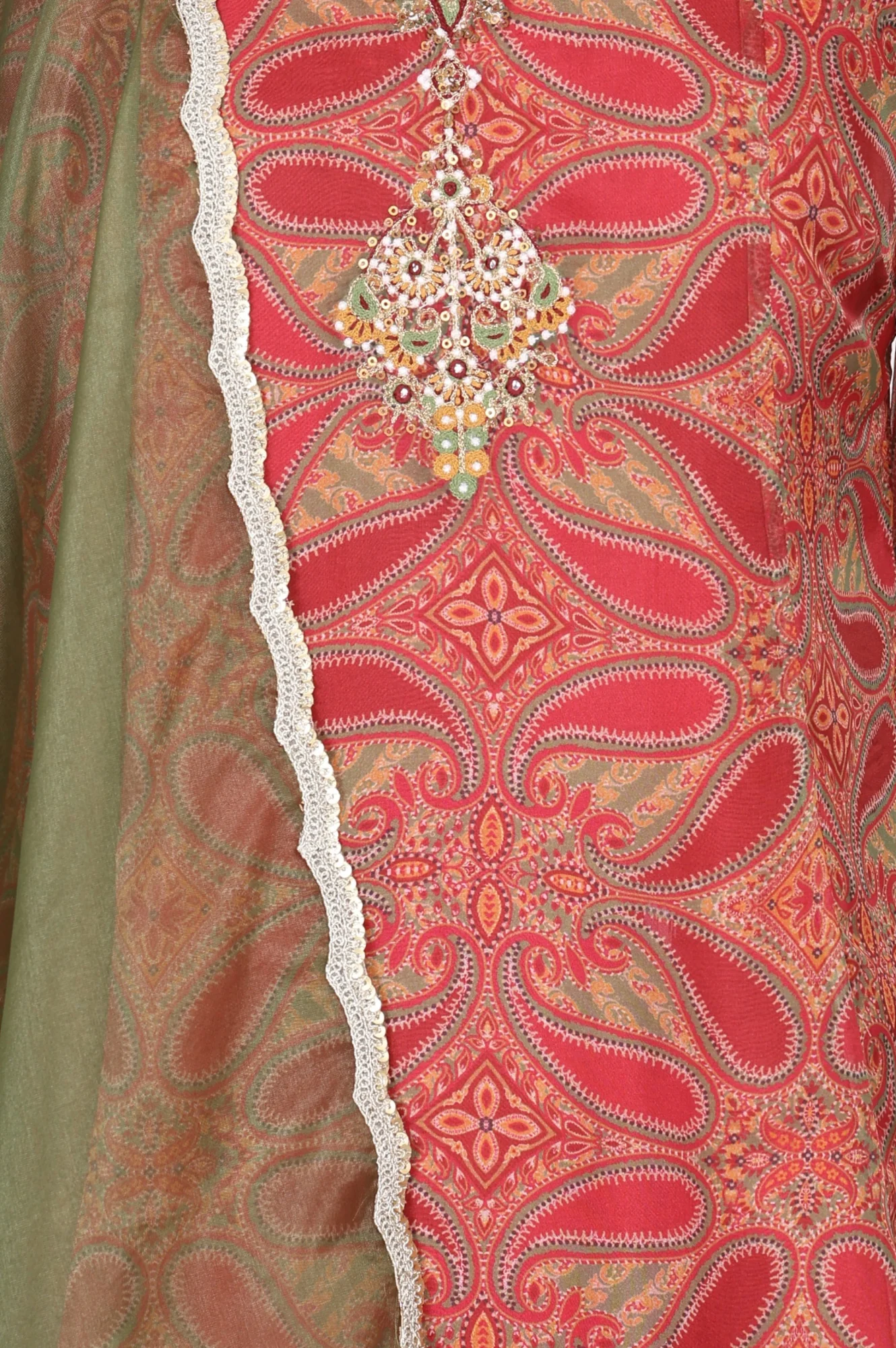 Red Sequins Paisley Printed Organza Straight Kurta With Straight Pants And Dupatta Set - Image 2
