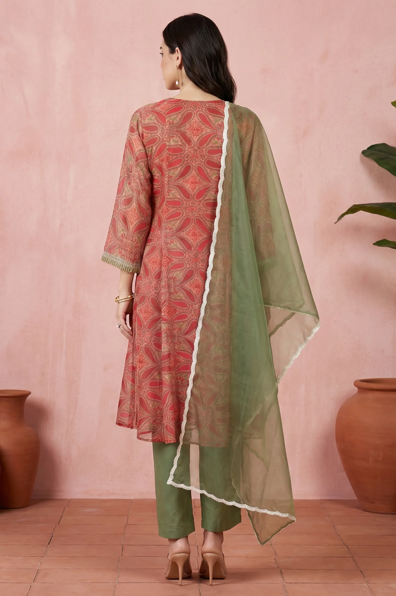 Red Sequins Paisley Printed Organza Straight Kurta With Straight Pants And Dupatta Set - Image 5
