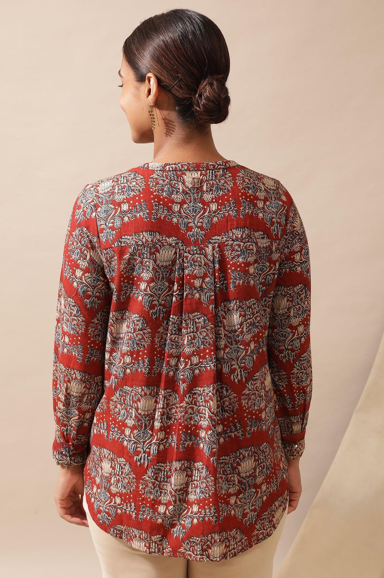 Red Shirt In Hand Block Kalamkari Print - Image 4