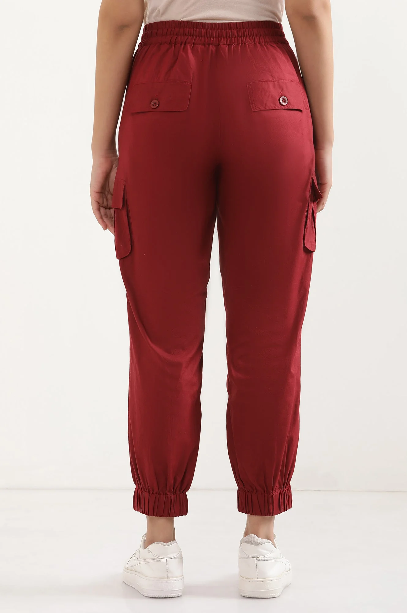 Elleven Women's Red Solid Tapered Cotton Pants With Drawstring - Image 4