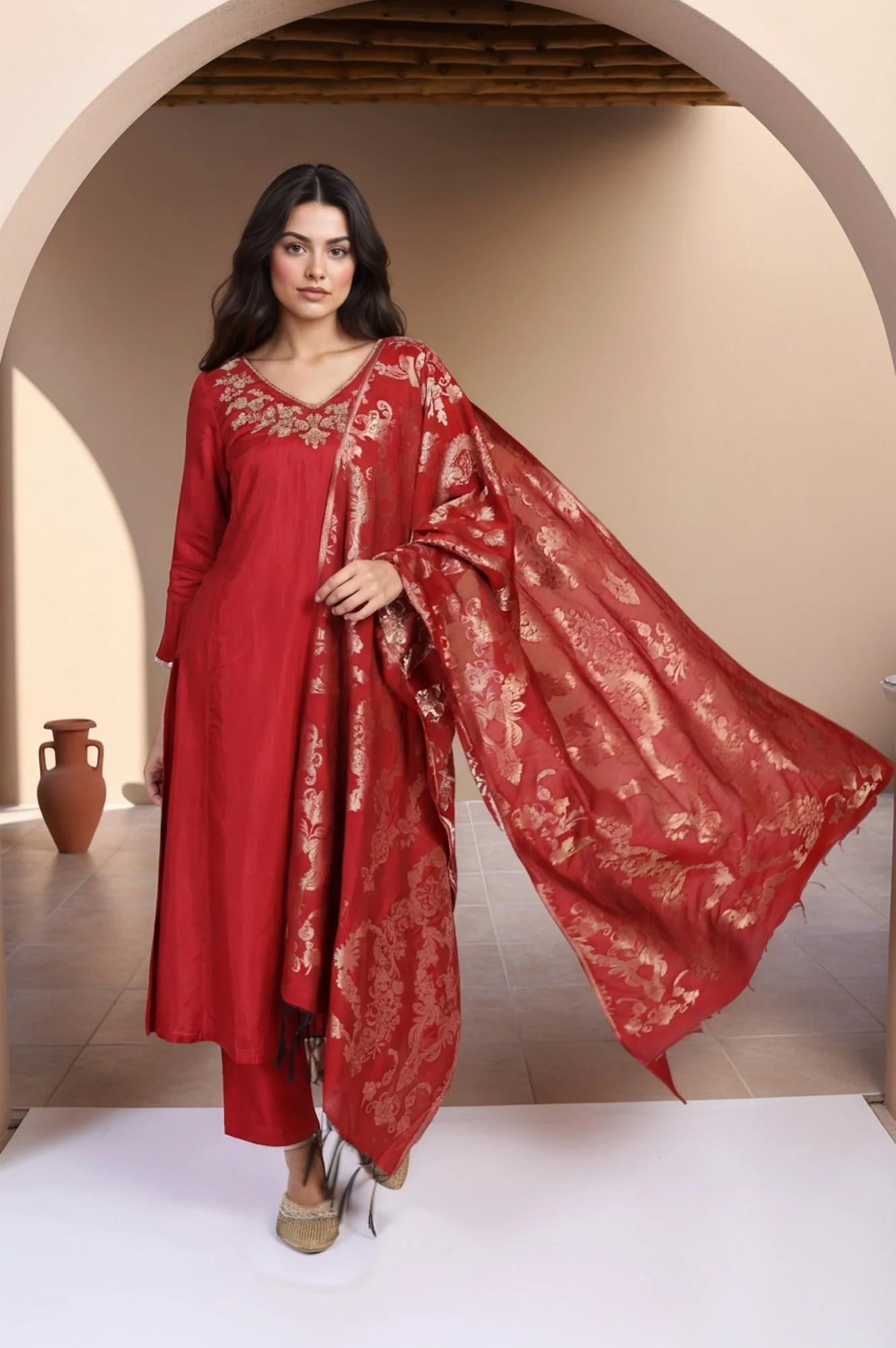 Red Solid Aari Work Straight Silk Kurta with Pant and Dupatta Set - Image 2