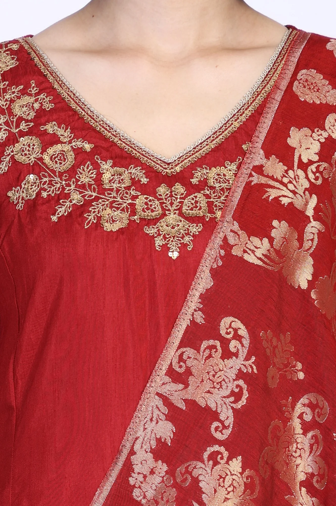 Red Solid Aari Work Straight Silk Kurta with Pant and Dupatta Set - Image 3