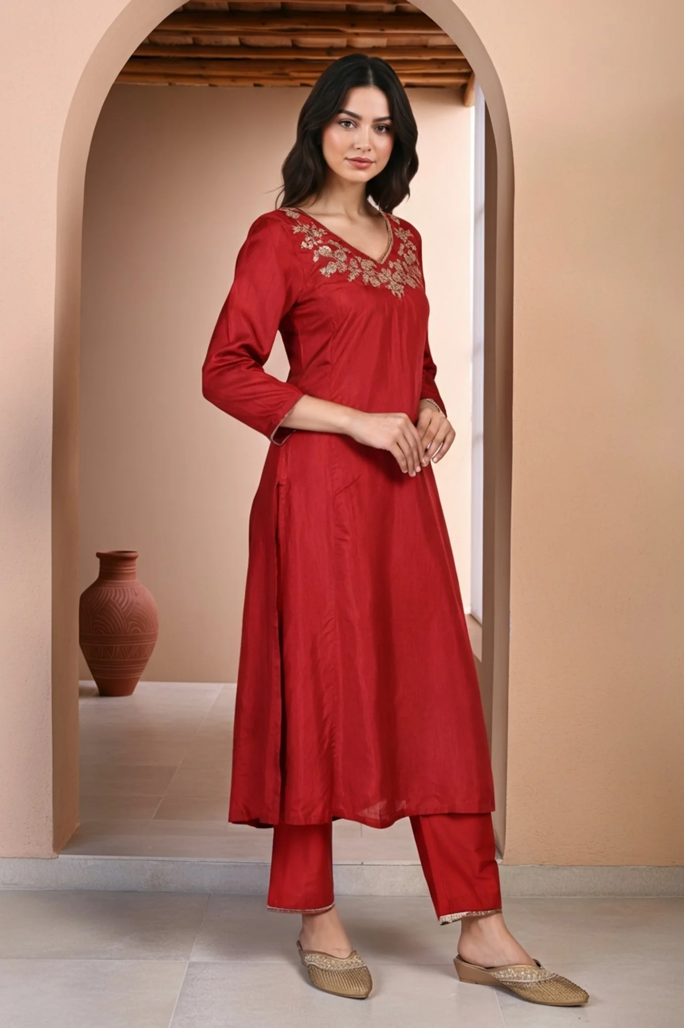 Red Solid Aari Work Straight Silk Kurta with Pant and Dupatta Set - Image 4