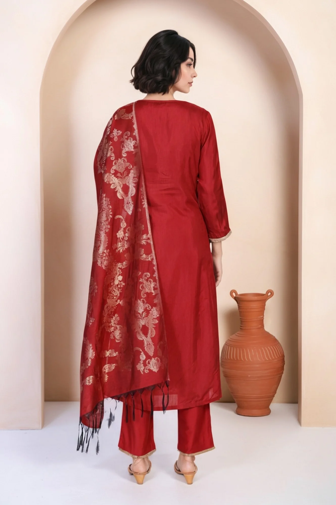 Red Solid Aari Work Straight Silk Kurta with Pant and Dupatta Set - Image 5