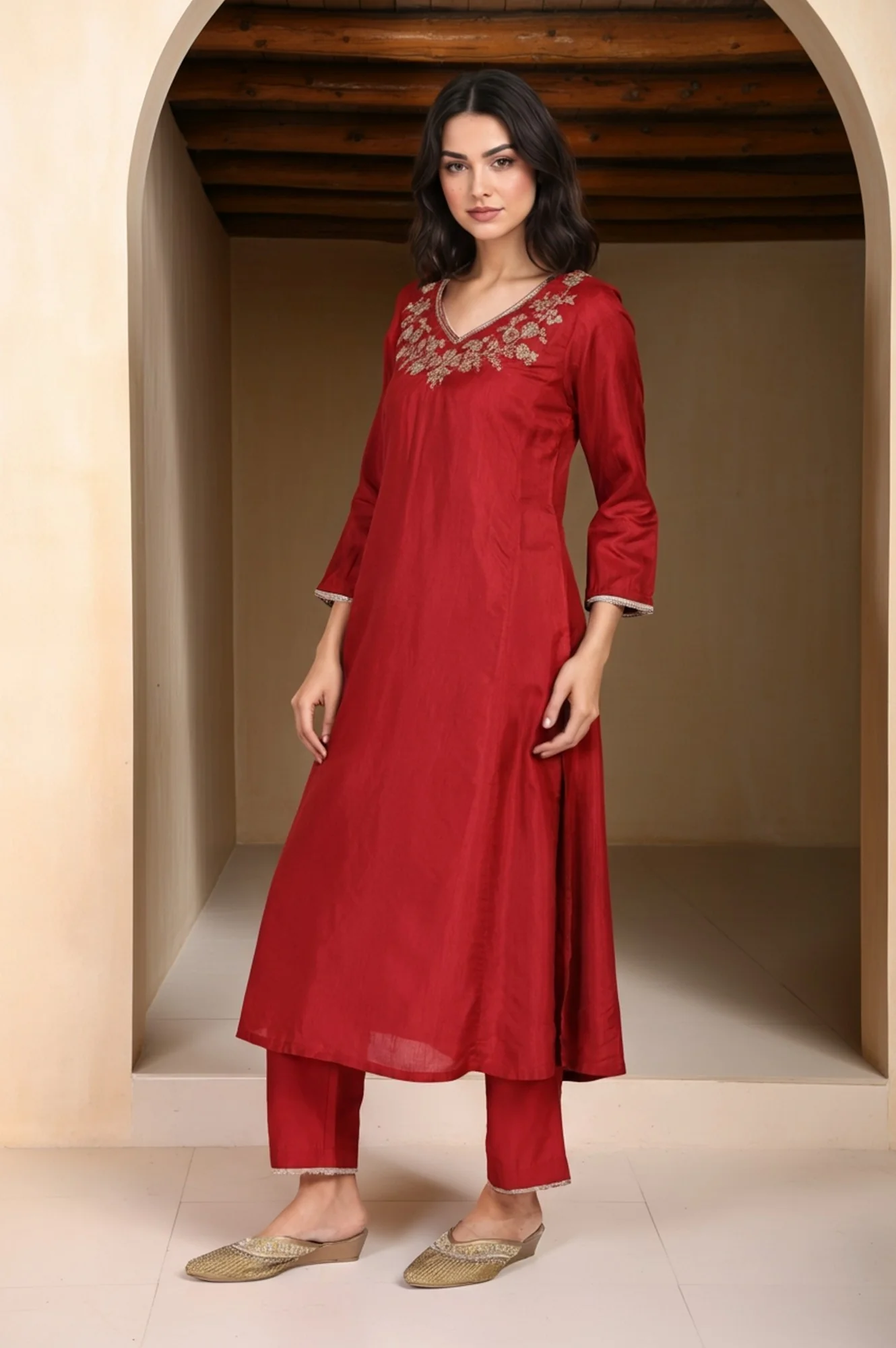 Red Solid Aari Work Straight Silk Kurta with Pant and Dupatta Set - Image 6