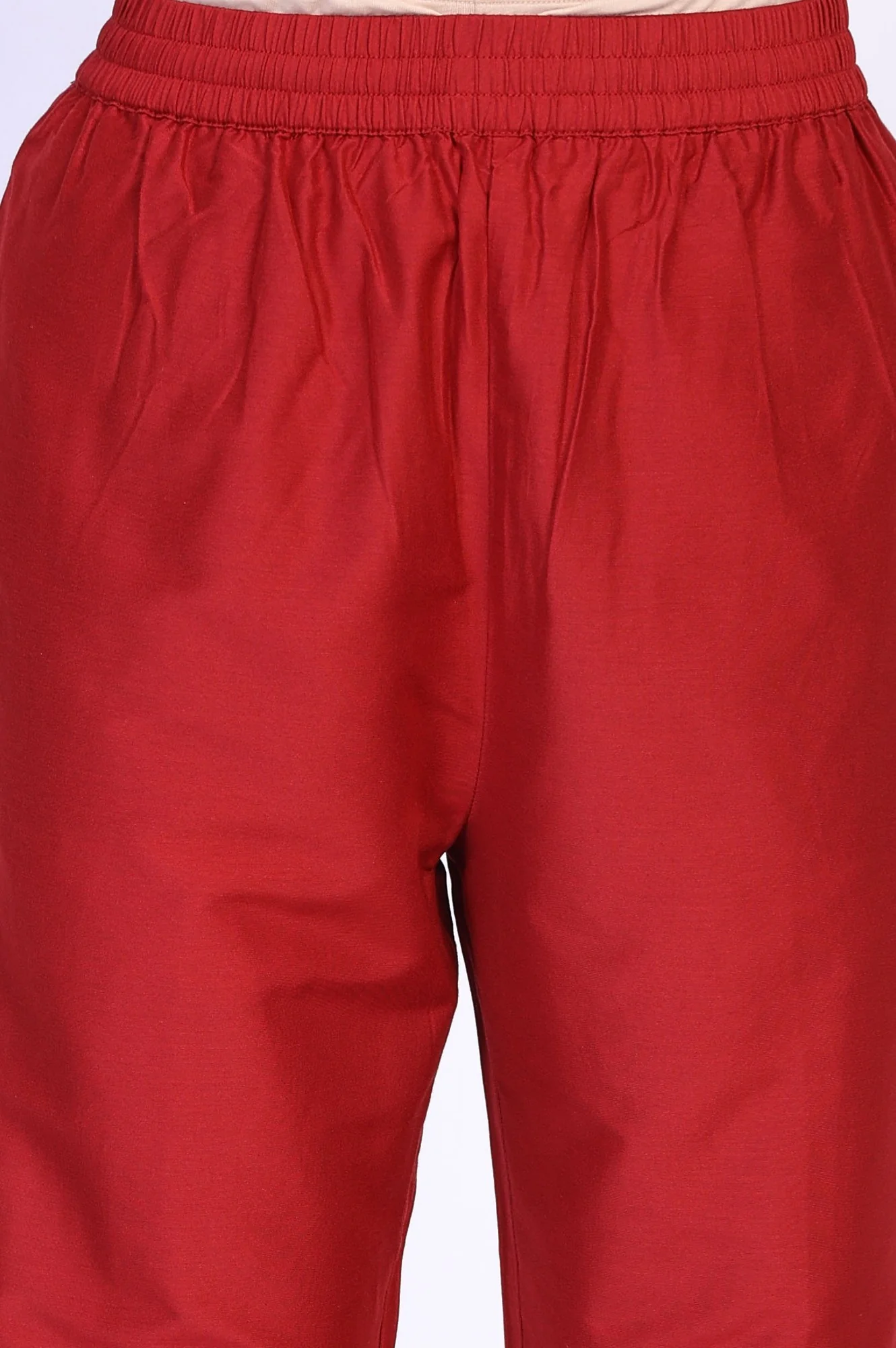 Red Solid Aari Work Straight Silk Kurta with Pant and Dupatta Set - Image 7