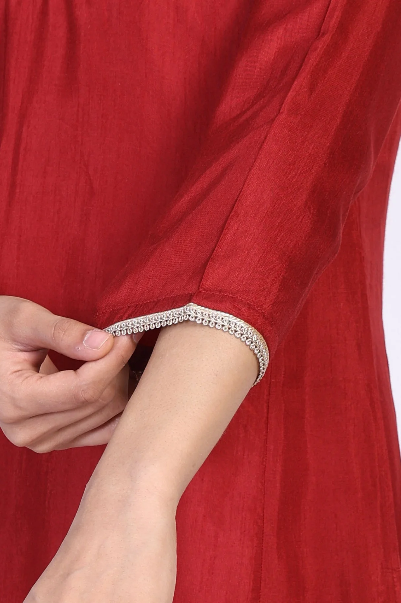 Red Solid Aari Work Straight Silk Kurta with Pant and Dupatta Set - Image 8