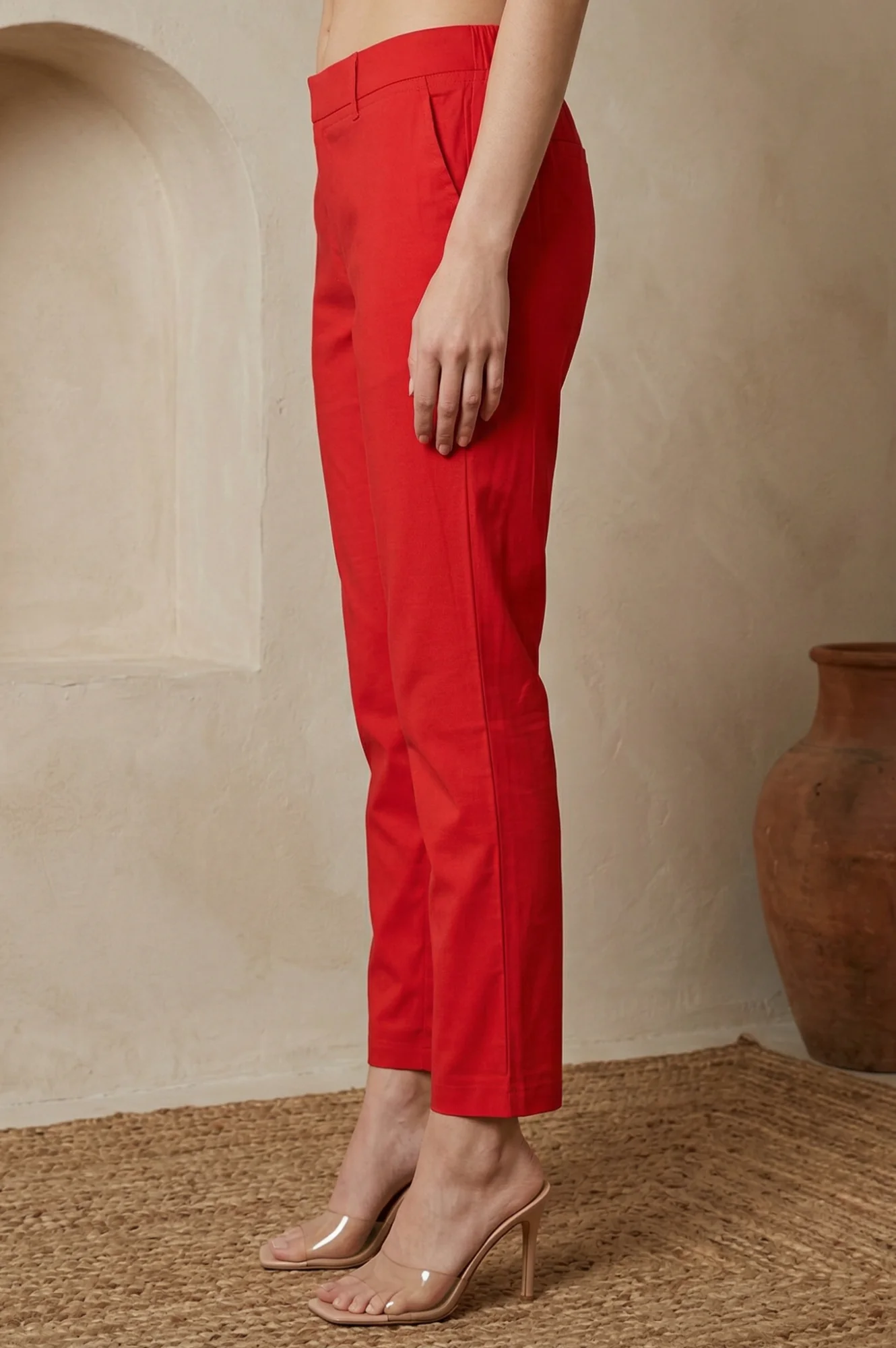 Elleven Women's Red Solid Cotton Blend Slim Fit Ankle Length Trousers - Image 2
