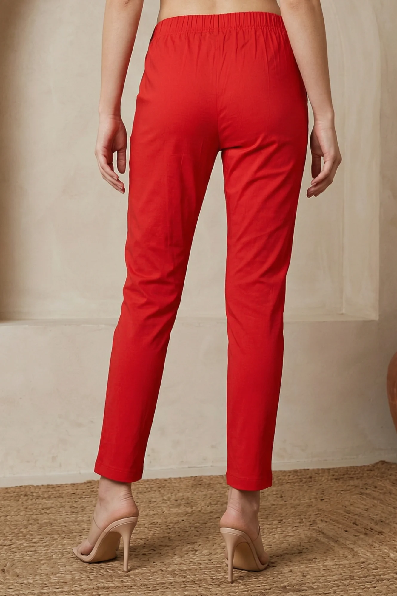 Elleven Women's Red Solid Cotton Blend Slim Fit Ankle Length Trousers - Image 4