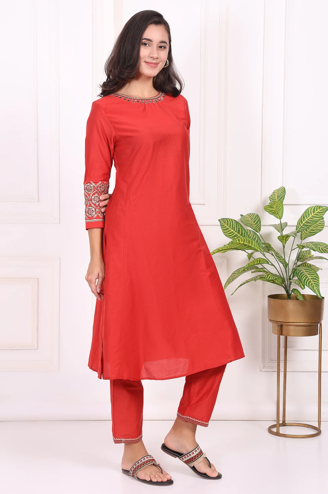 Red Solid Embroidered Straight Kurta and Straight Pants Set - Image 6