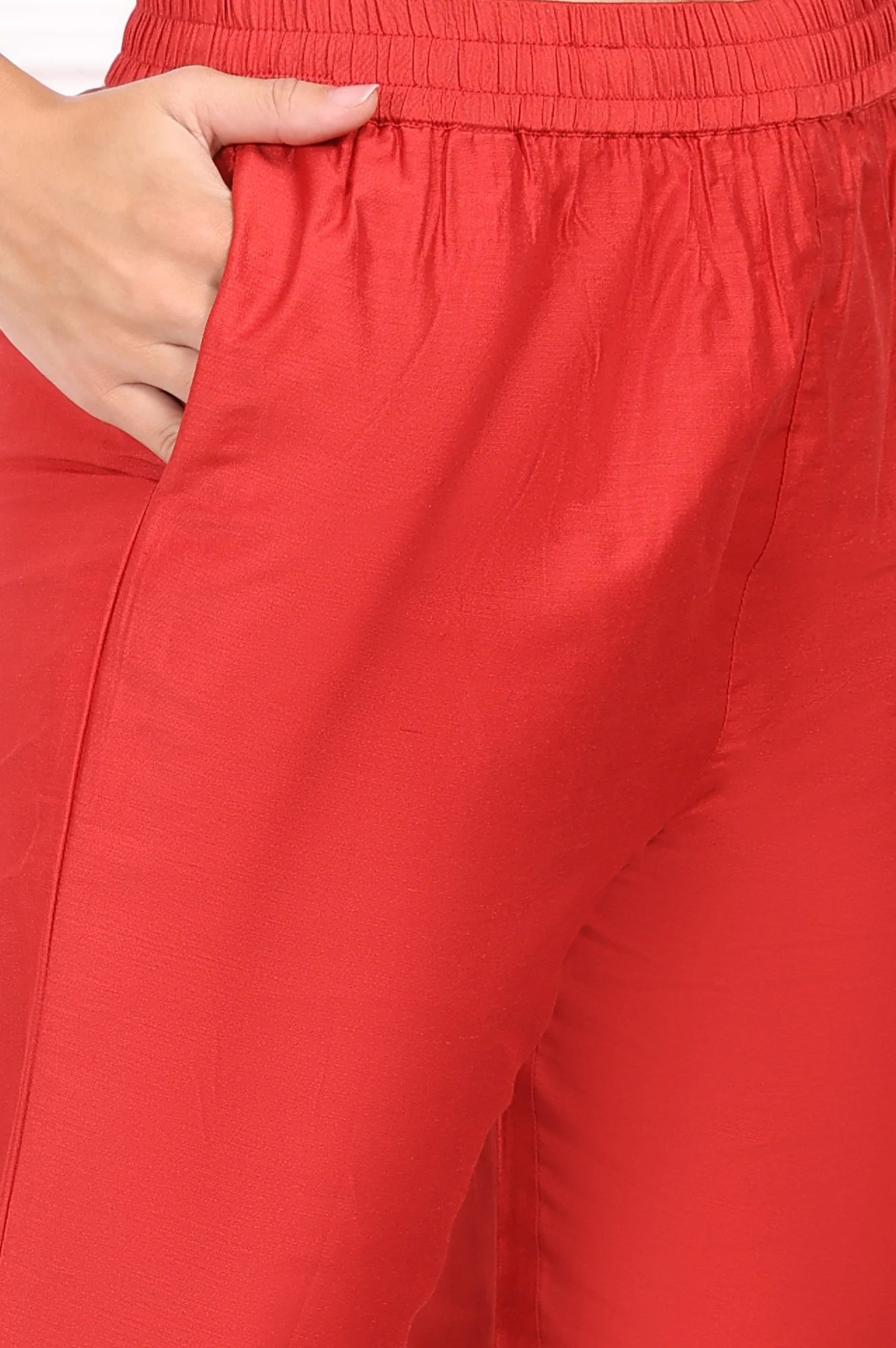 Red Solid Embroidered Straight Kurta and Straight Pants Set - Image 9