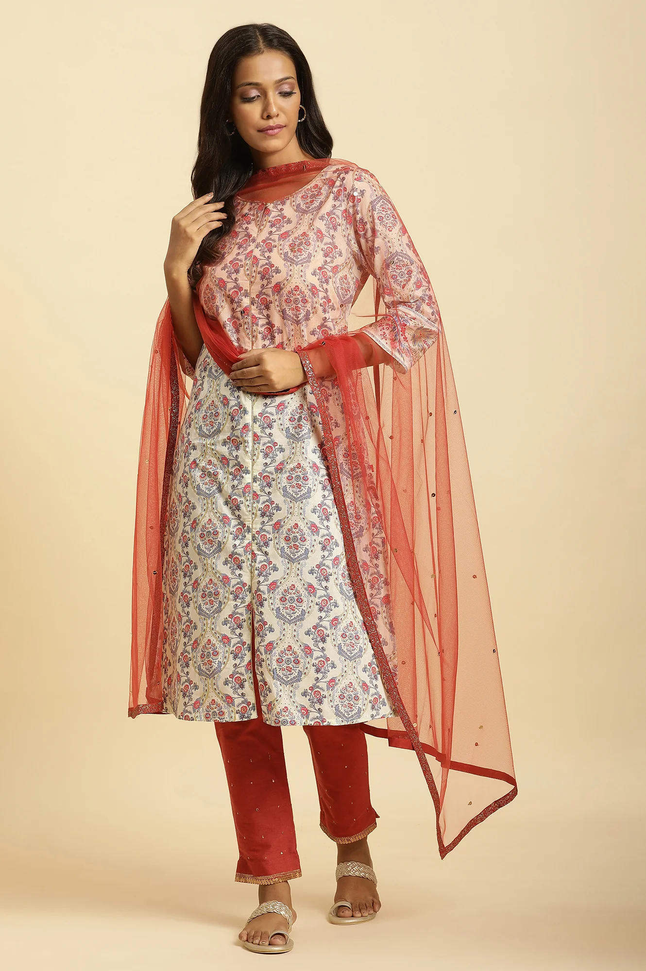 Red Solid Glitter Tape Border Sequined Mesh Dupatta