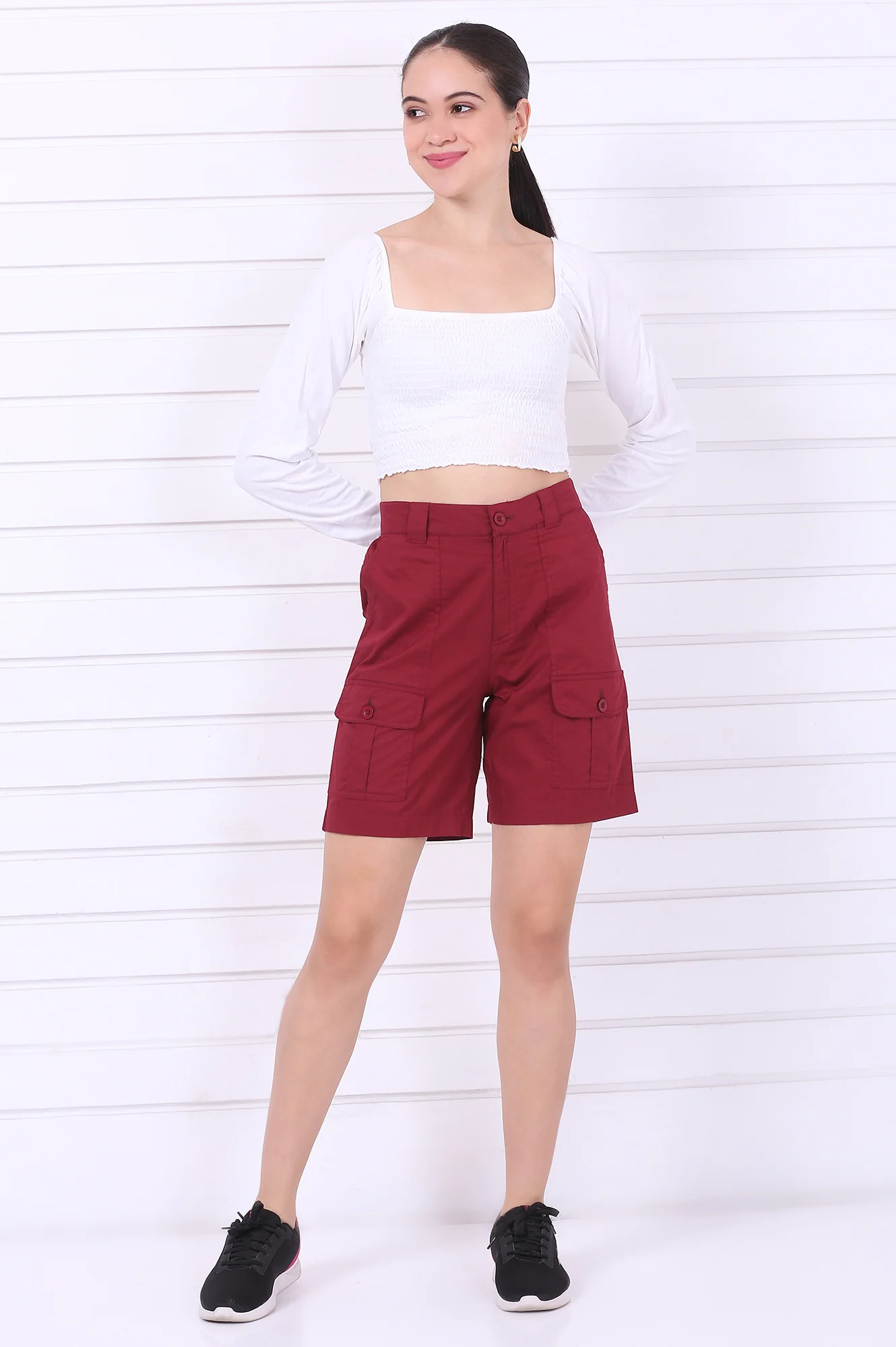 Elleven Women's Red Solid Mid Thigh Pure Cotton Shorts with YKK Zipper
