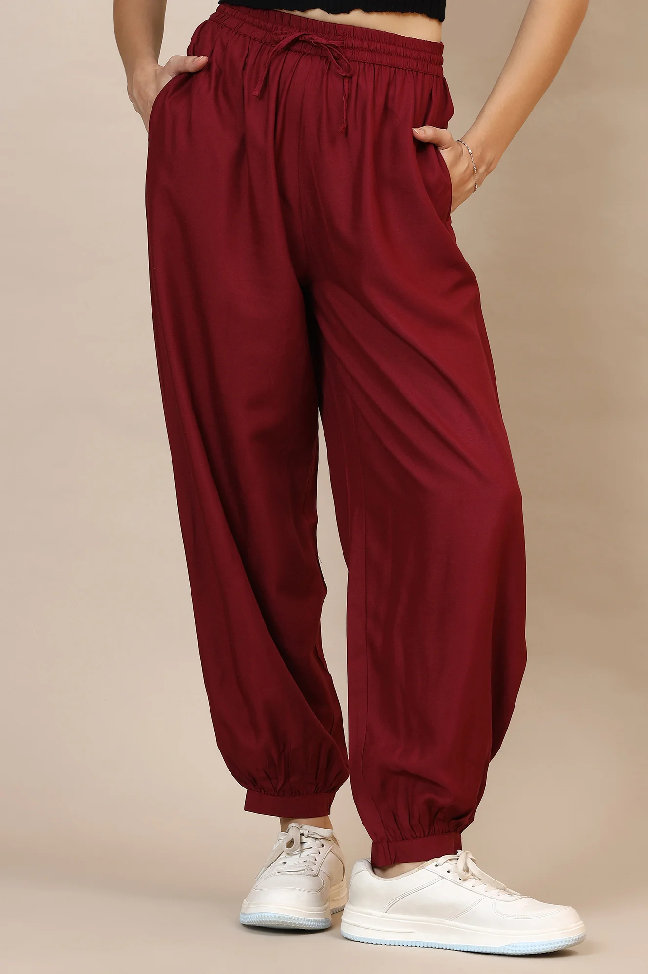 Elleven Women's Red Solid Loose Fit Rayon Dhoti Pants With Drawstring - Image 2