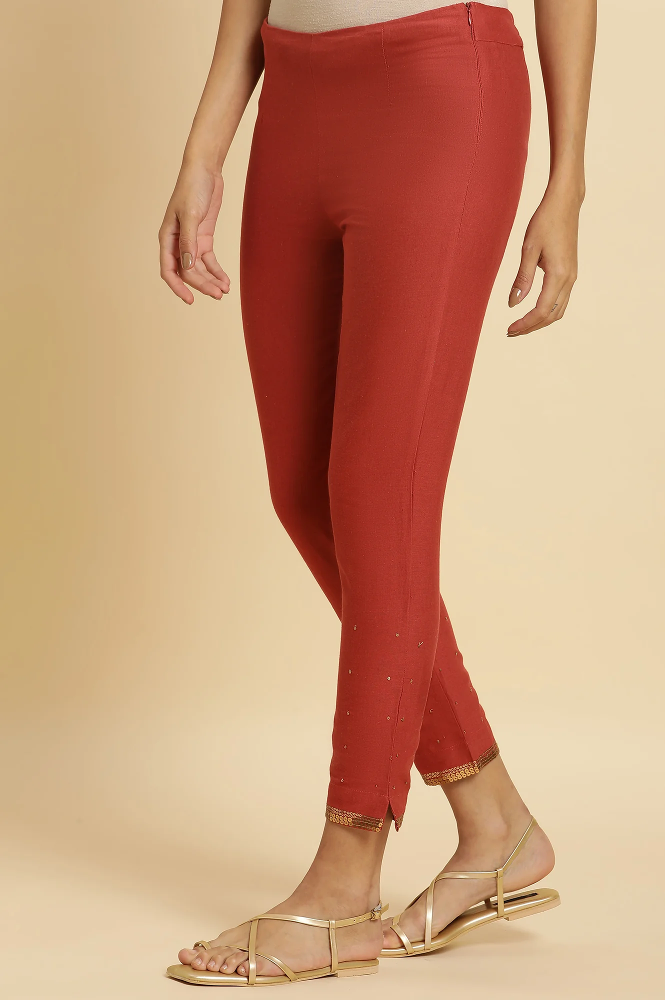 Red Solid Sequined Straight Cotton Slim Pant - Image 2