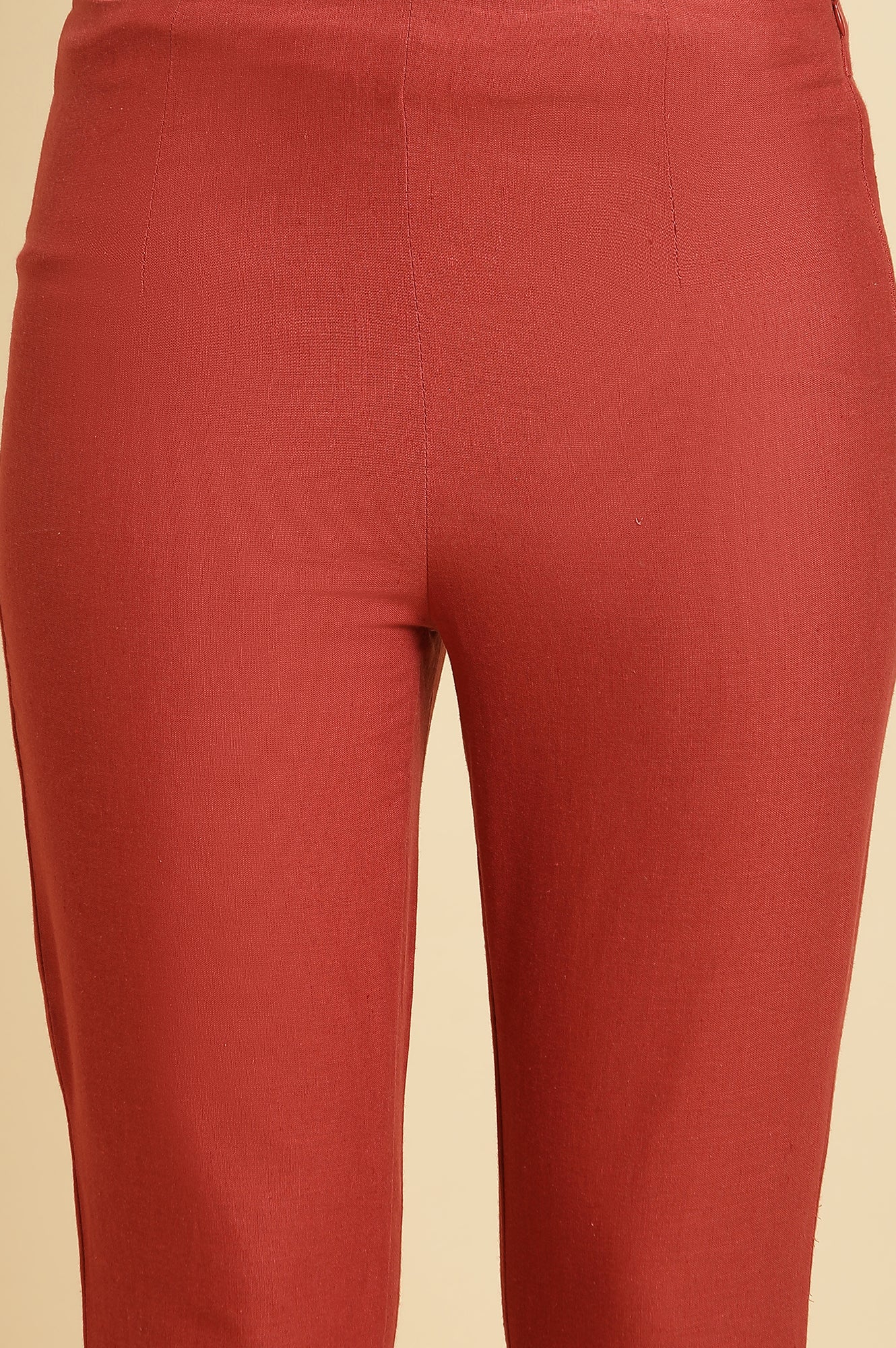 Red Solid Sequined Straight Cotton Slim Pant - Image 6