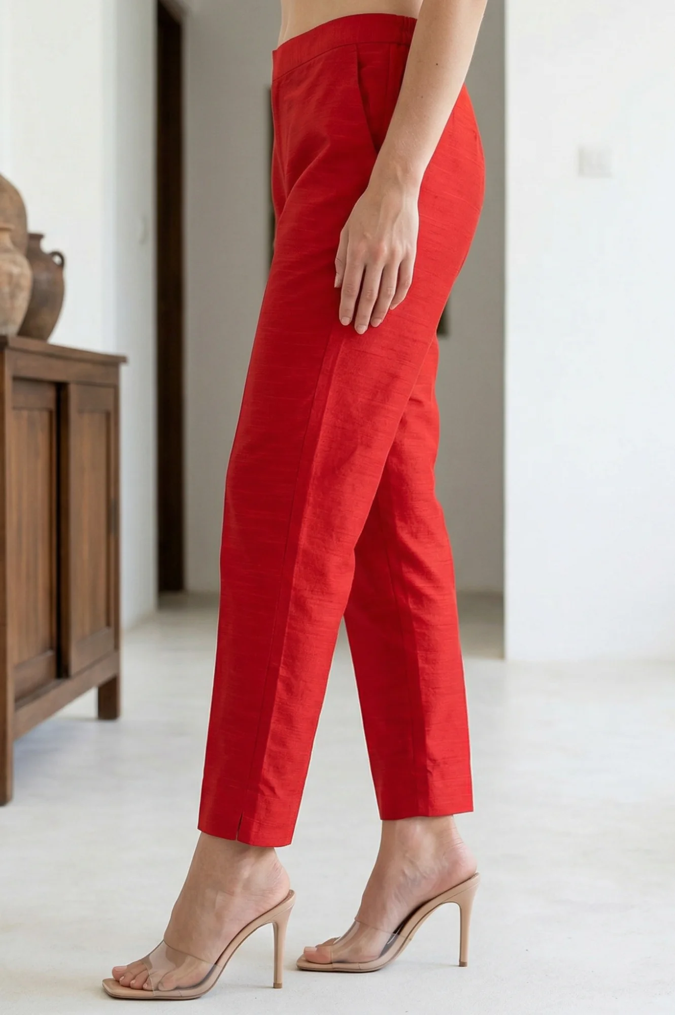 Elleven Women's Red Solid Slim Fit Ankle Length Trousers - Image 2