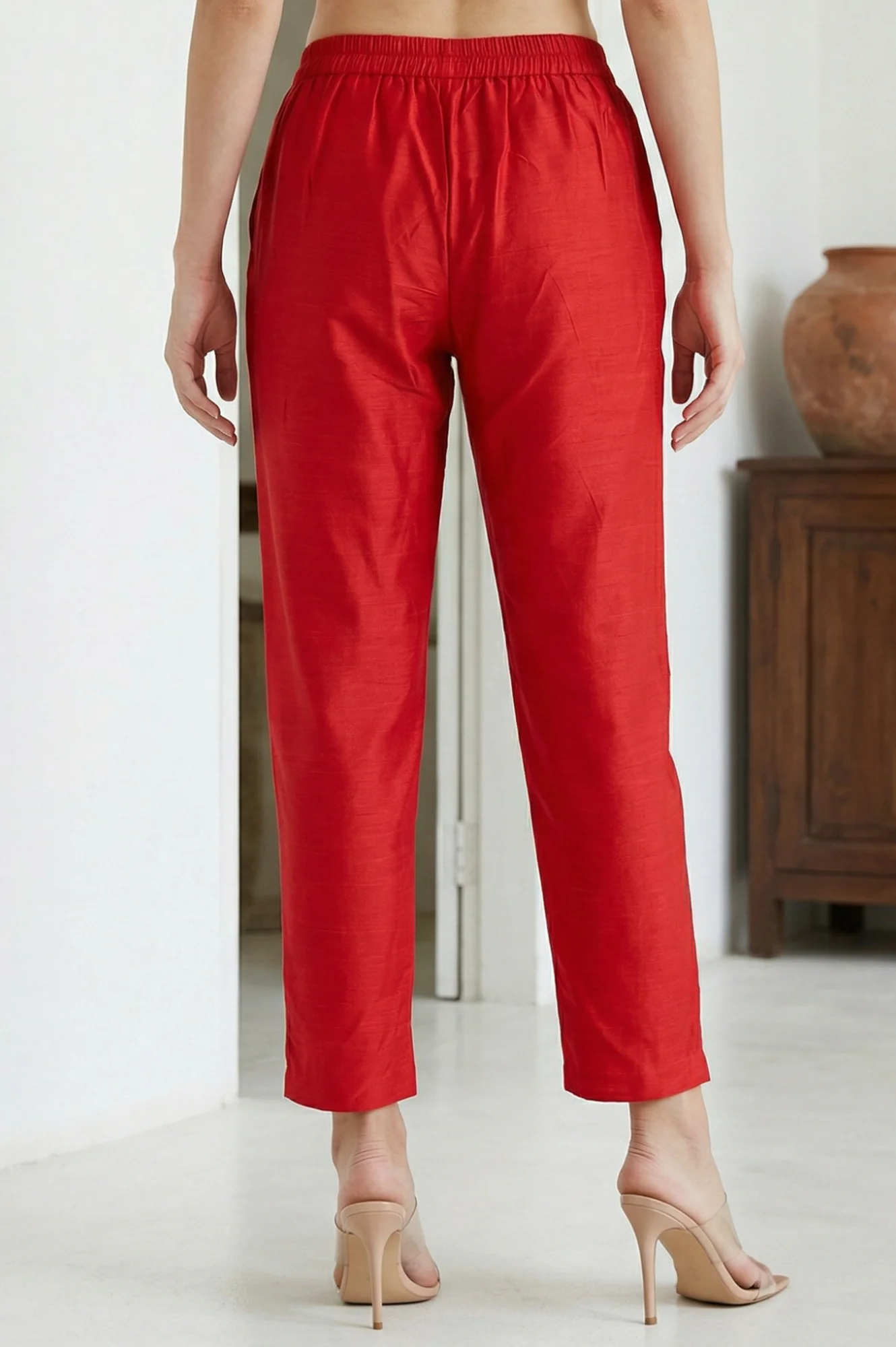 Elleven Women's Red Solid Slim Fit Ankle Length Trousers - Image 3