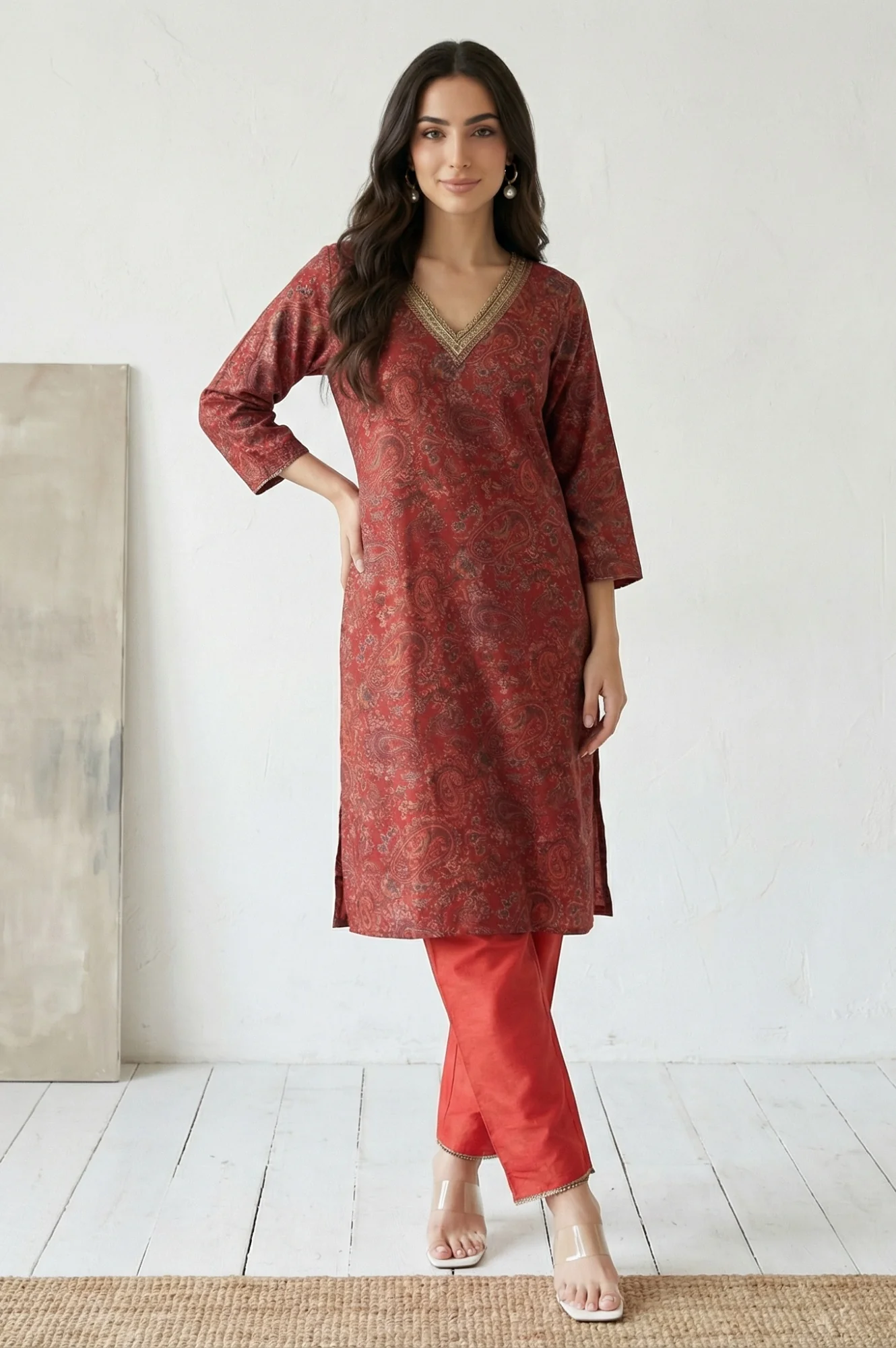 Red Solid Straight Fit Ankle Length Straight Pants - Image 2