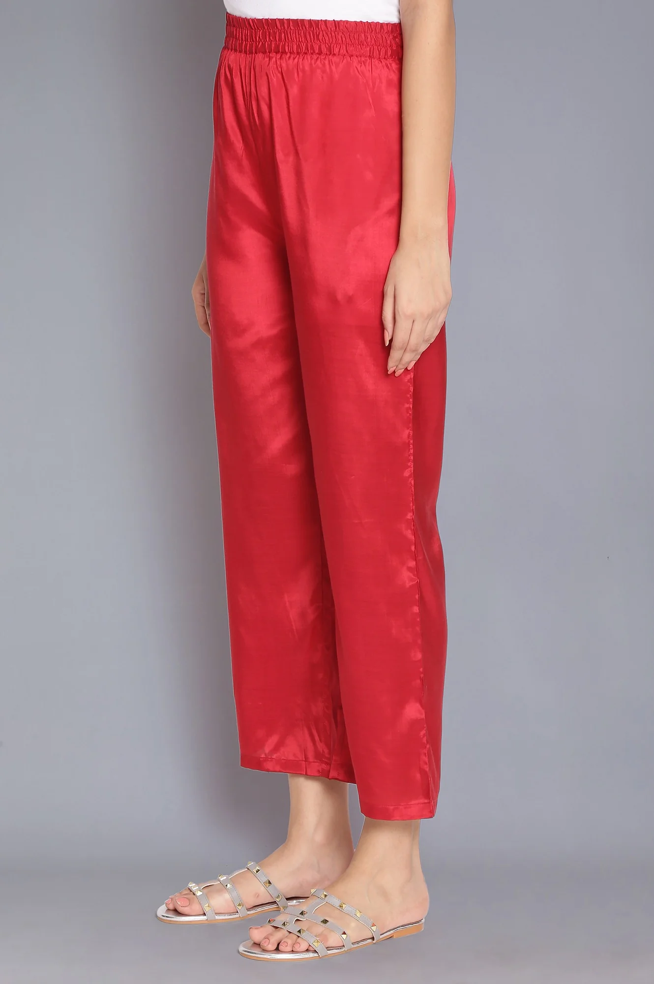 Red Solid Straight Pants - Image 3