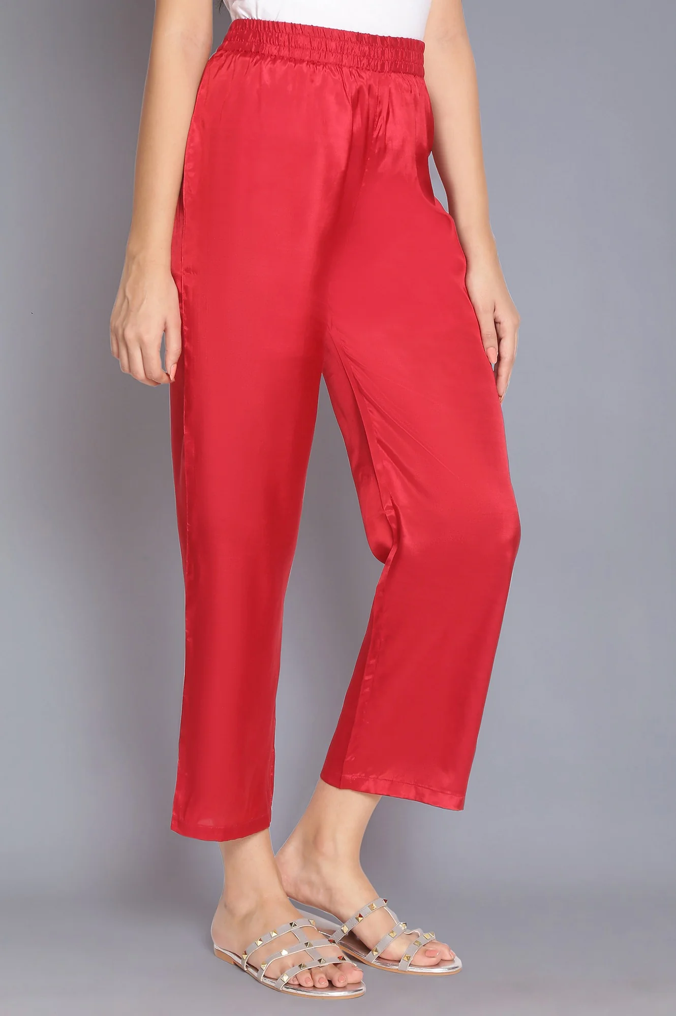 Red Solid Straight Pants - Image 4