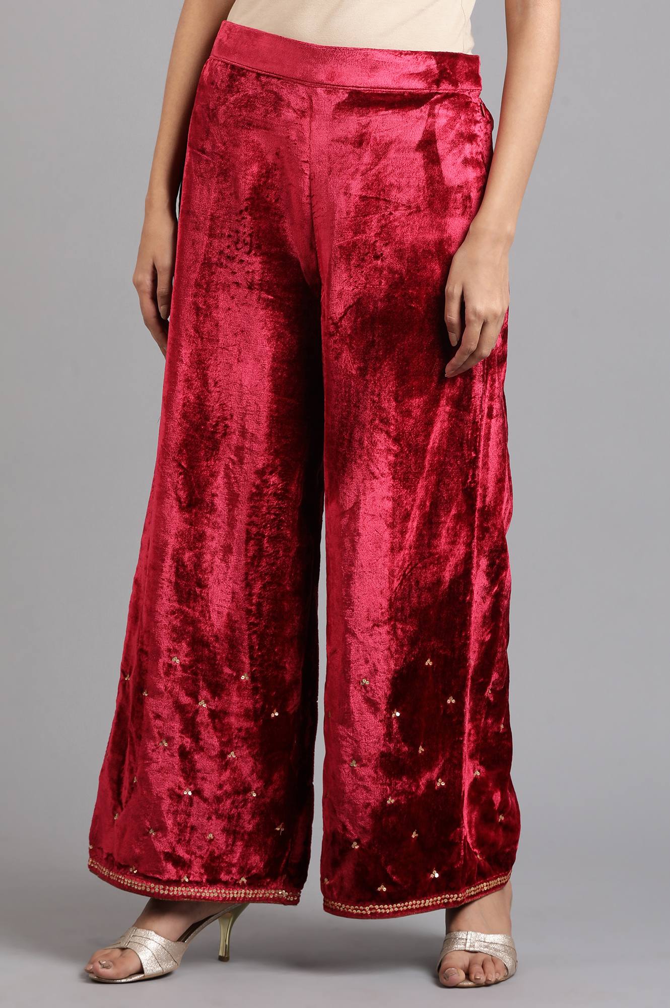 Red Solid Velvet Pants - Image 2