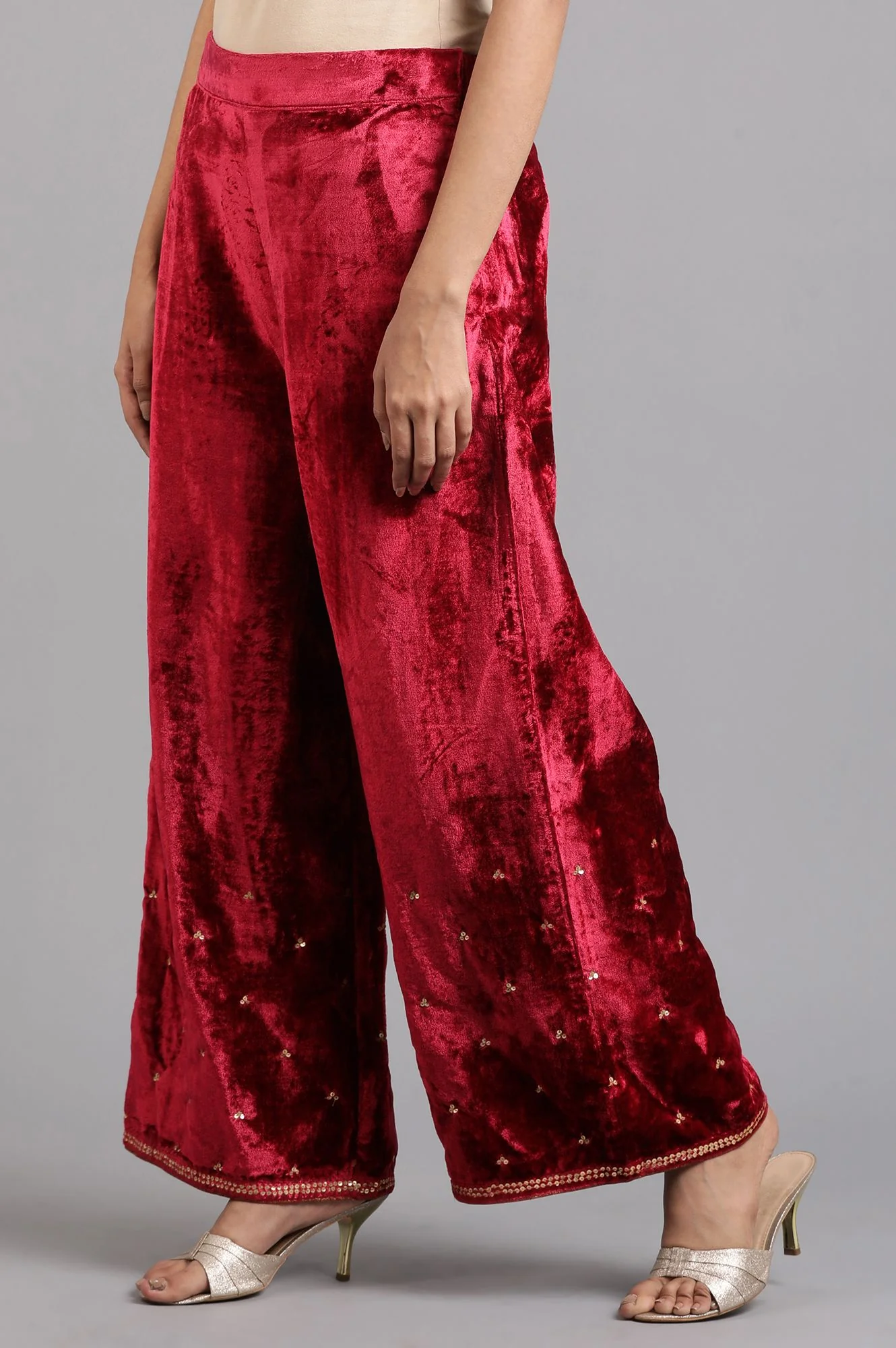 Red Solid Velvet Pants - Image 3