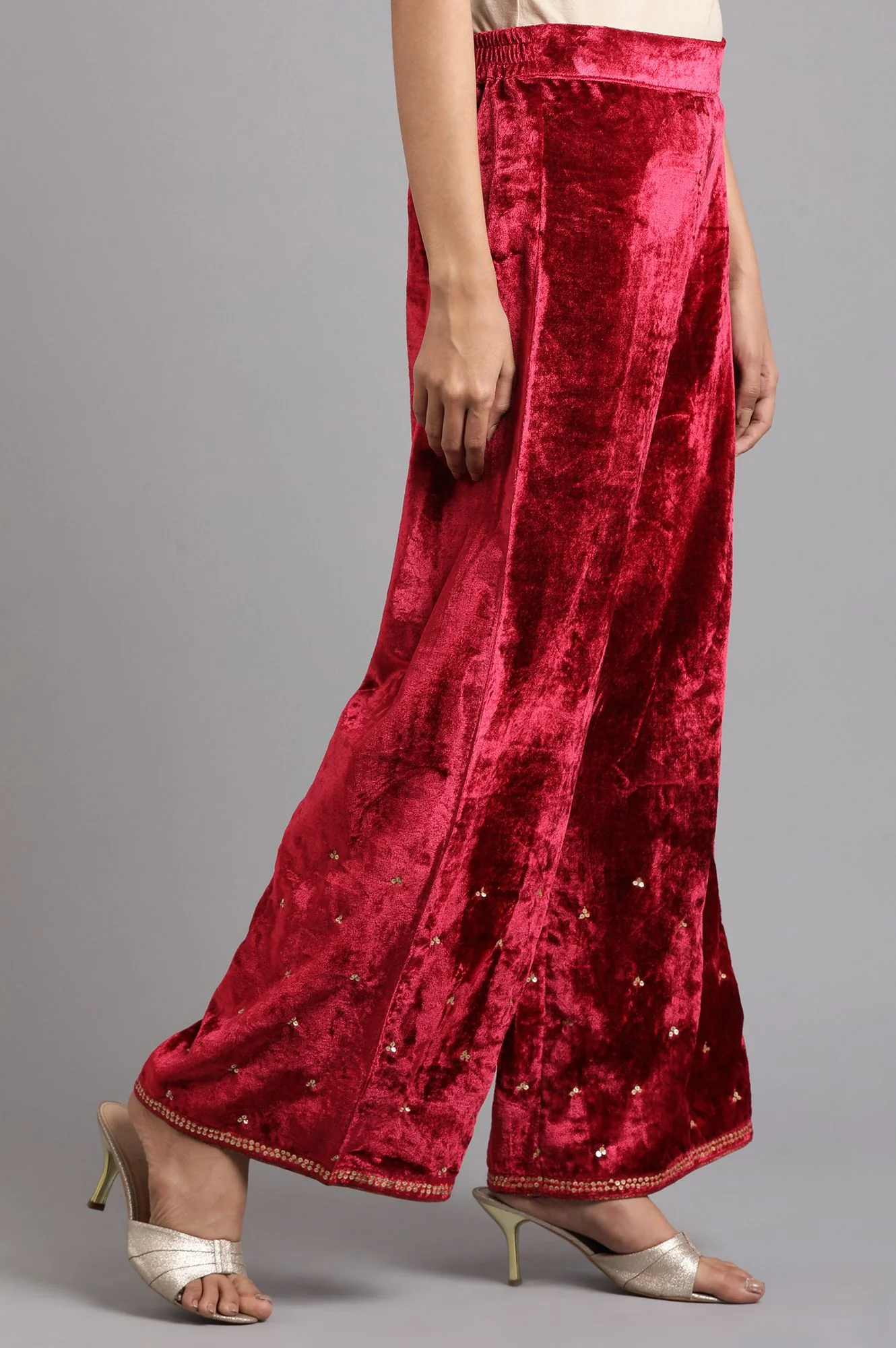 Red Solid Velvet Pants - Image 4