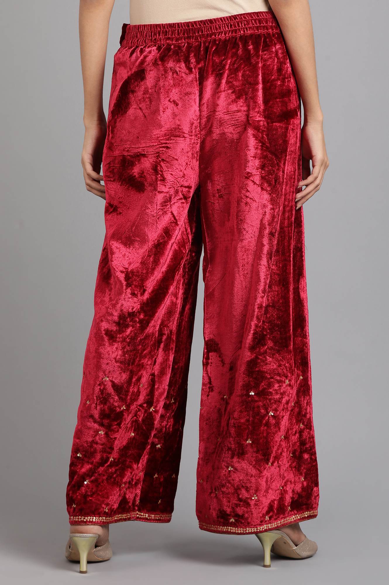Red Solid Velvet Pants - Image 5