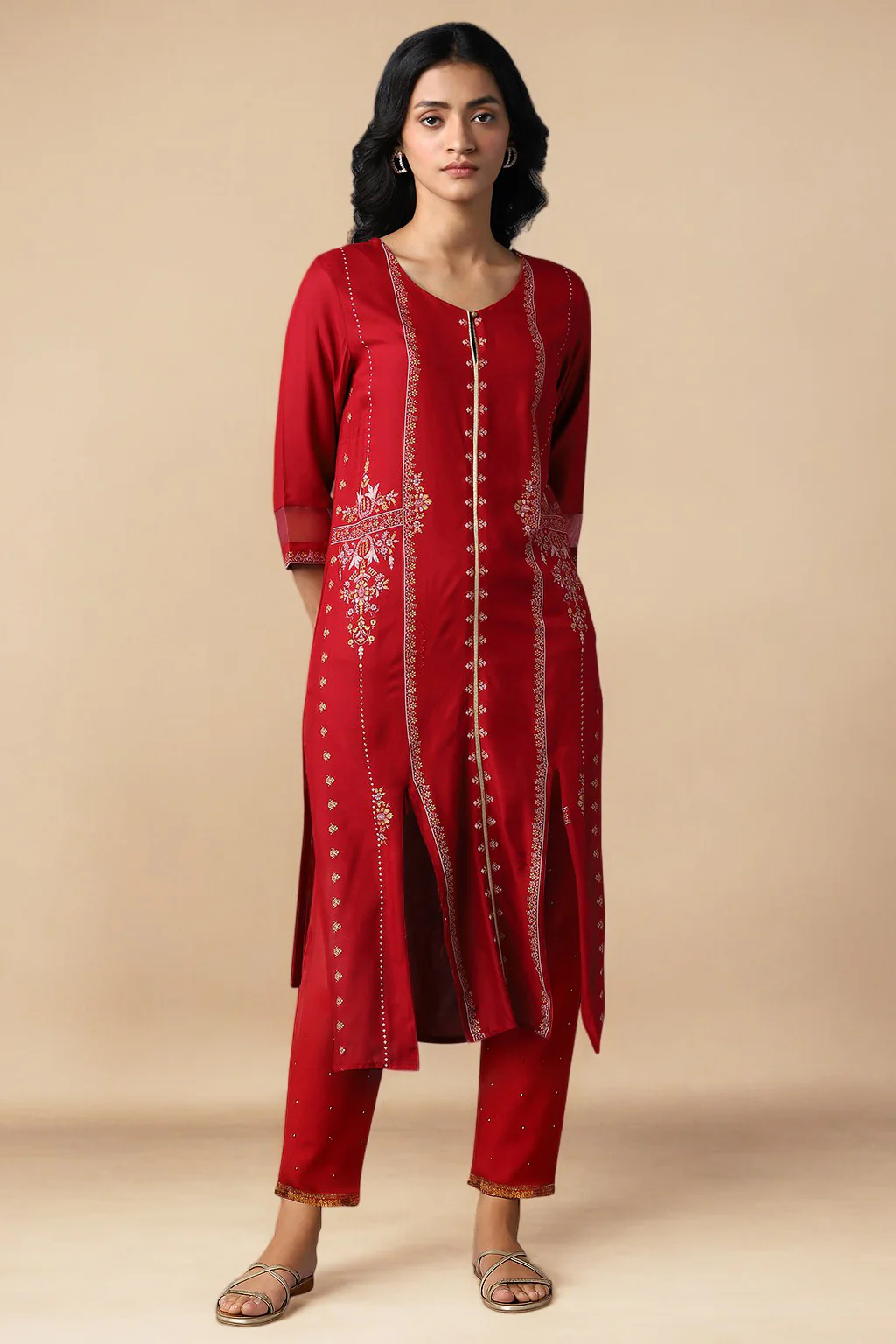 Red Straight Kurta and Slim Pant Set - Image 2