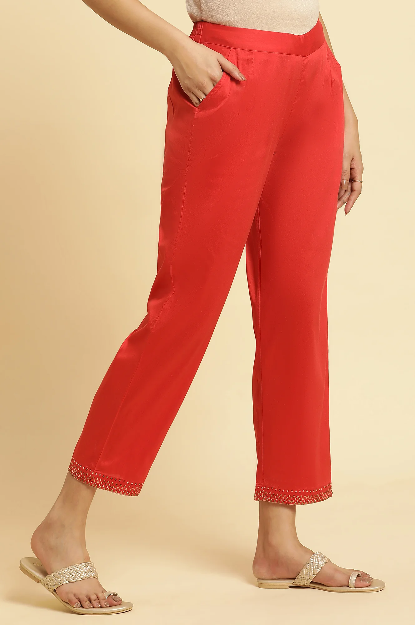 Red Straight Pants With Embellished Hemline - Image 4