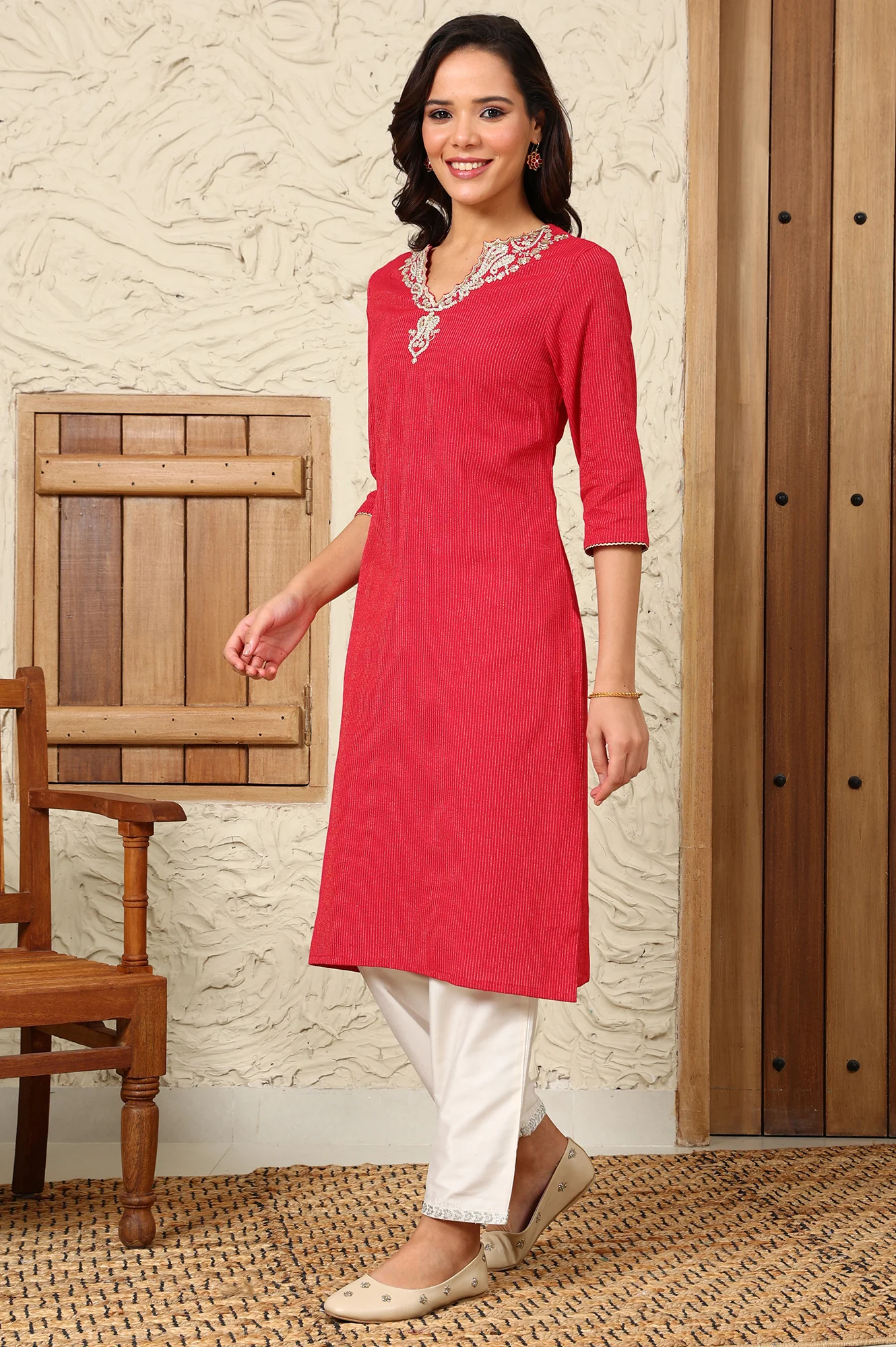 Red Striped Yarn-Dyed Embroidered Straight Cotton Kurta - Image 4