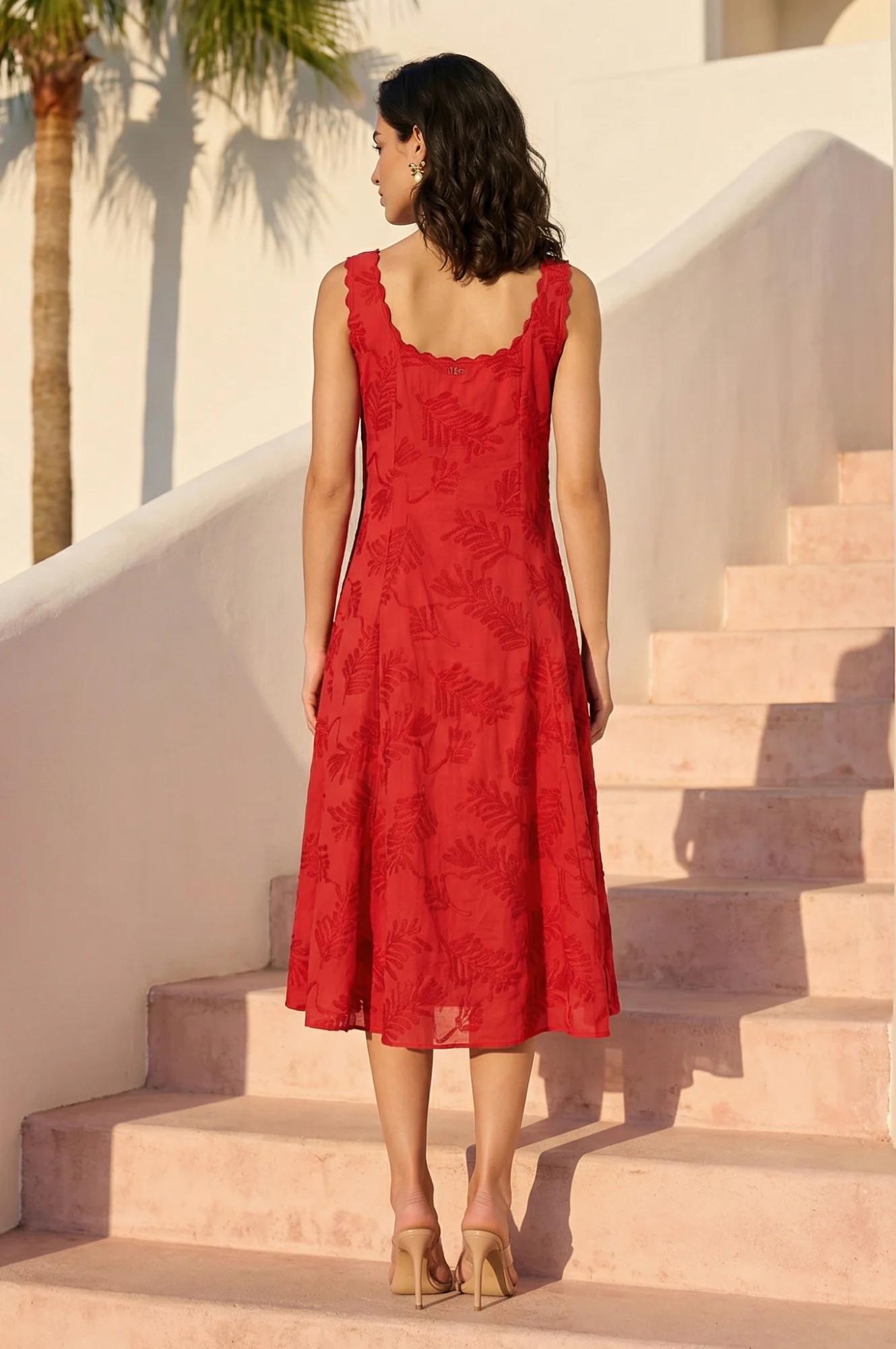 Red Thread Embroidered Pure Cotton A-line Dress - Image 5