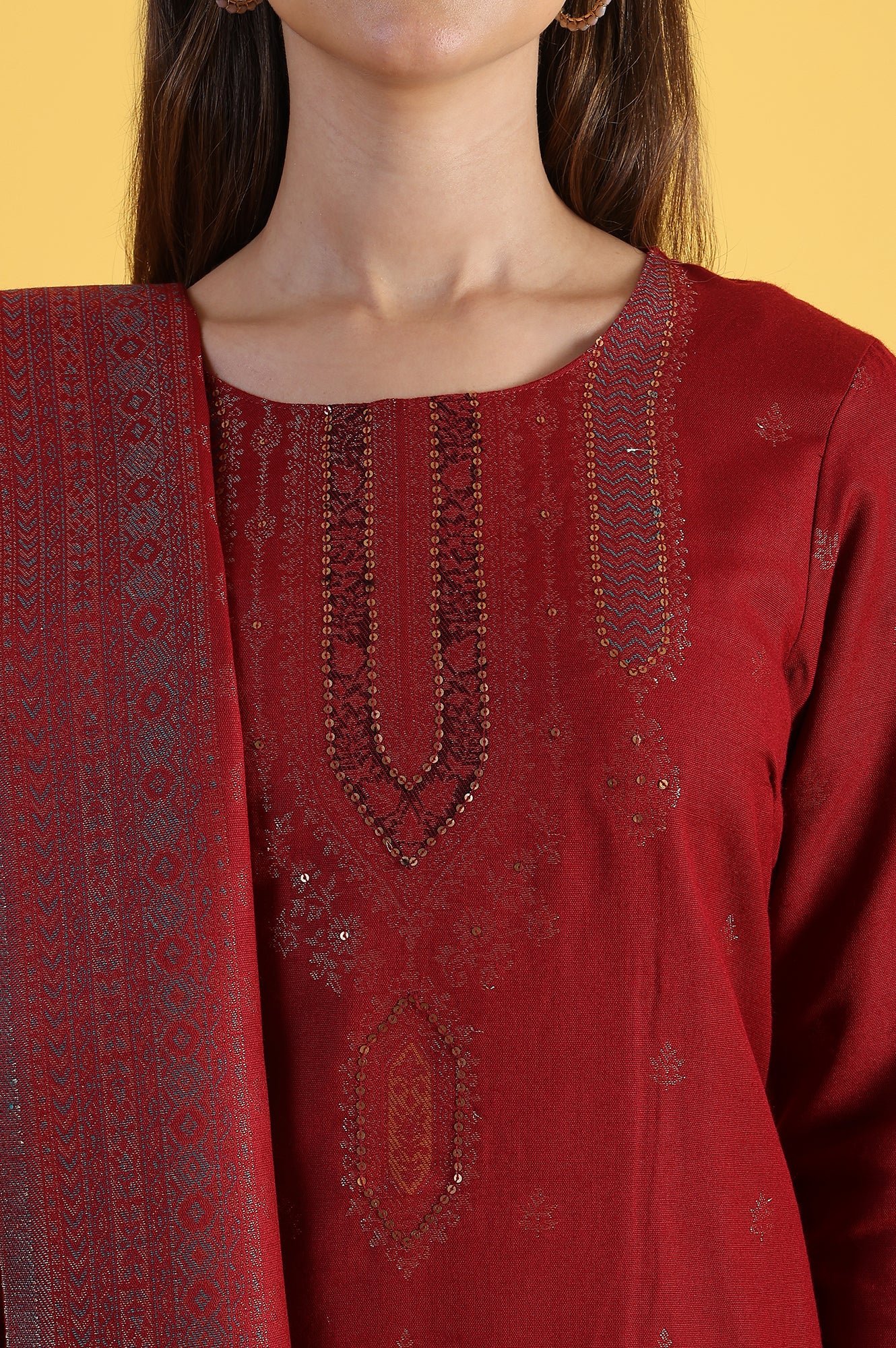 Red Yarn Dyed Sequins A-Line Kurta & Straight pant with Dupatta Set - Image 3