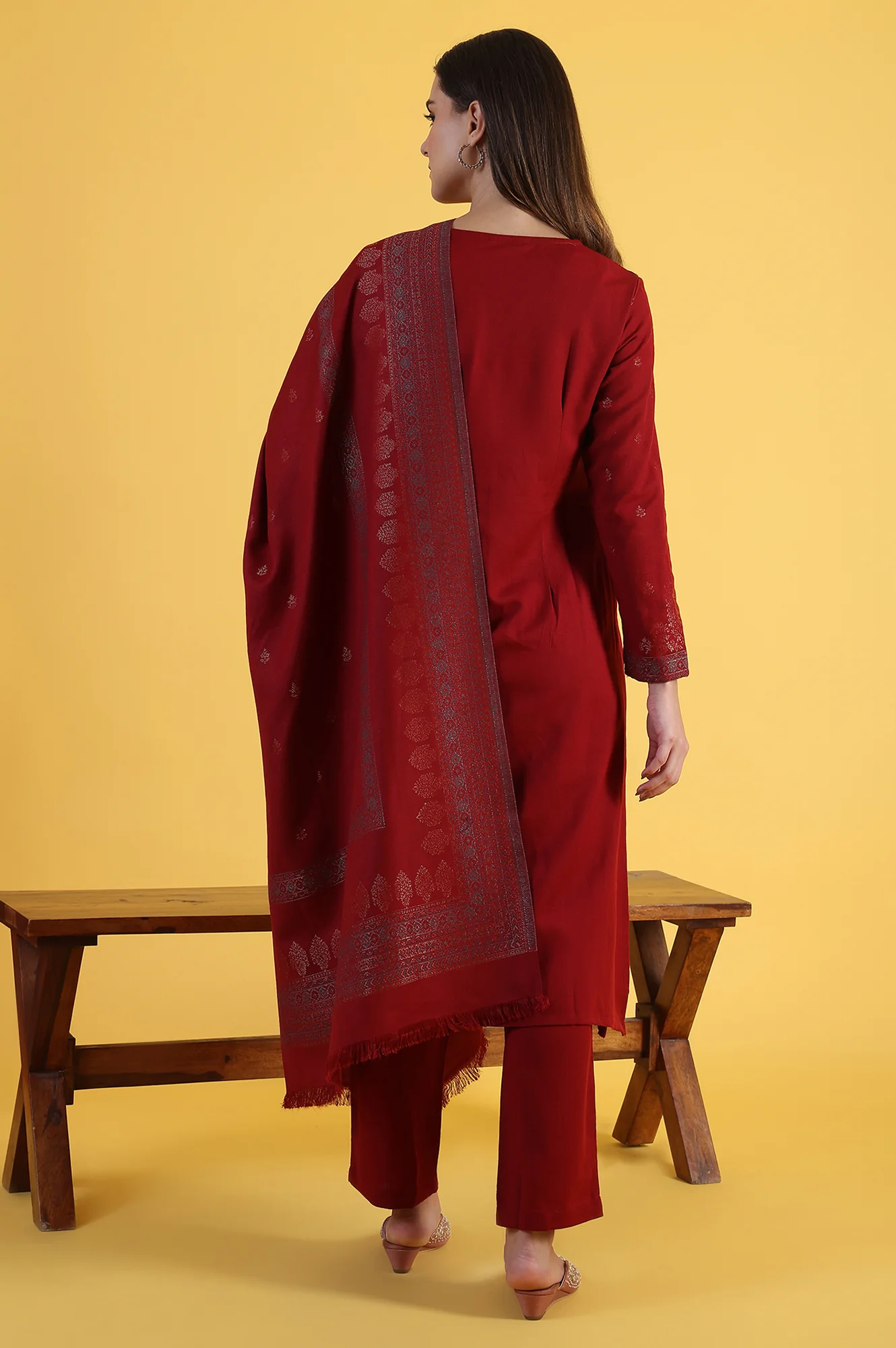 Red Yarn Dyed Sequins A-Line Kurta & Straight pant with Dupatta Set - Image 5