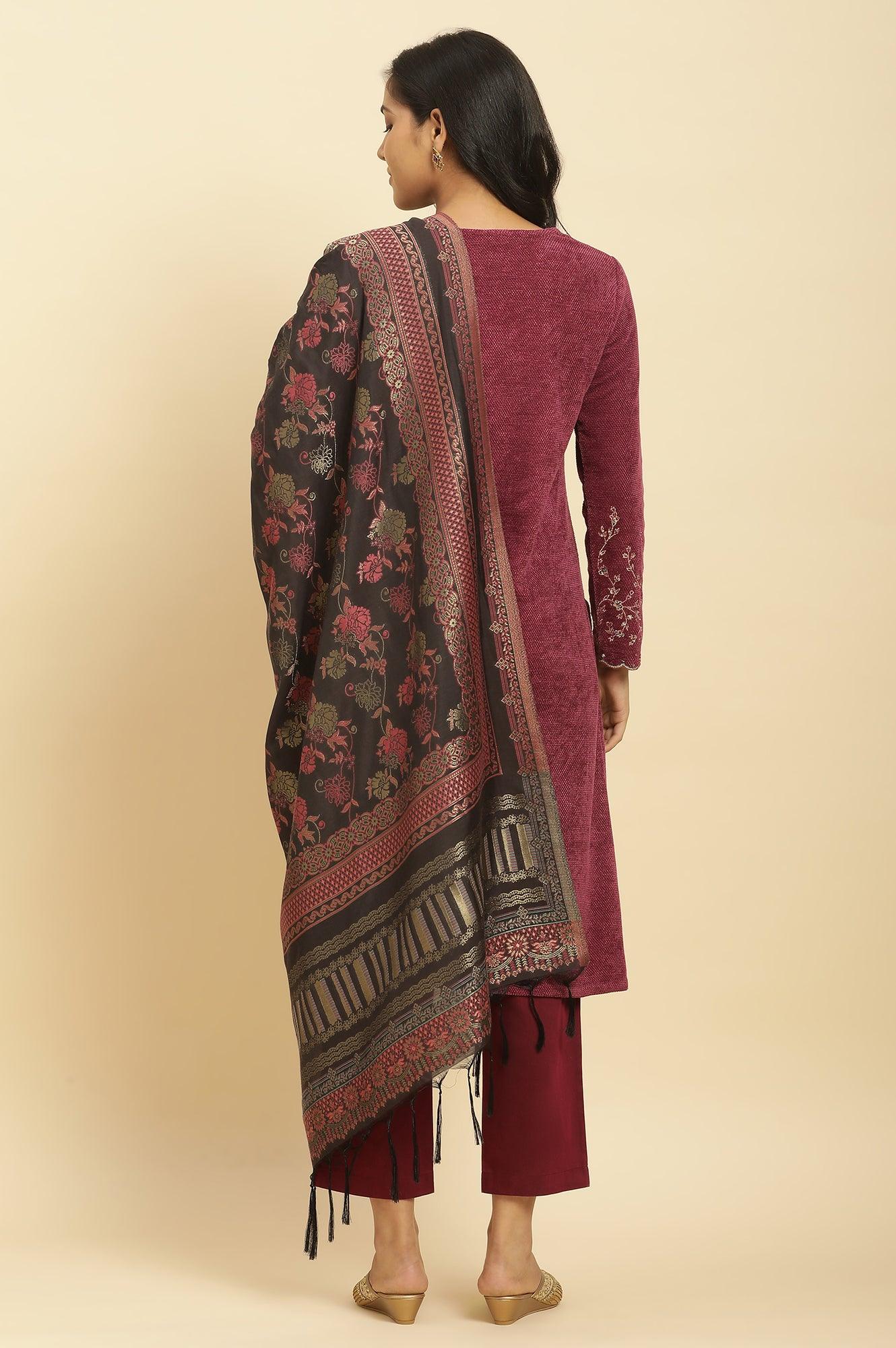 Red Zari Embroidered Kurta, Pants And Jacquard Dupatta Set - Image 5