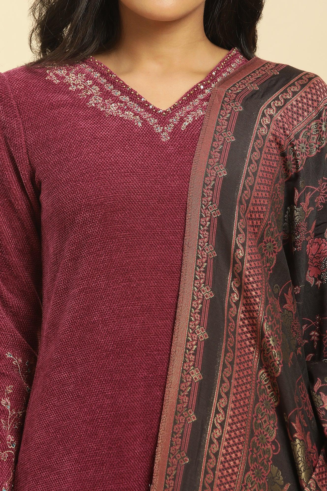 Red Zari Embroidered Kurta, Pants And Jacquard Dupatta Set - Image 7