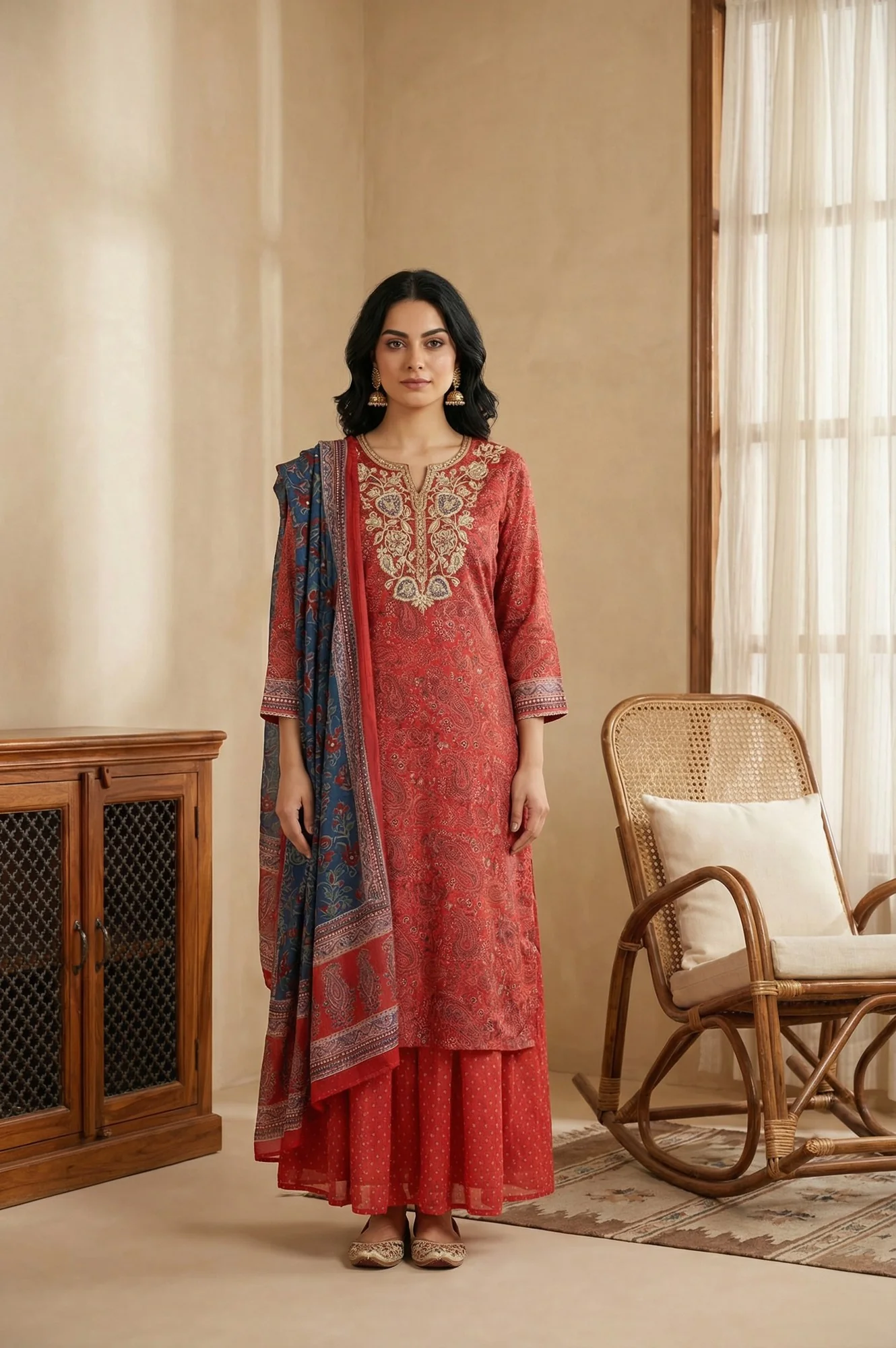Red Zari Embroidered Paisley Printed Chanderi Straight Kurta with Sharara and Dupatta Set - Image 2