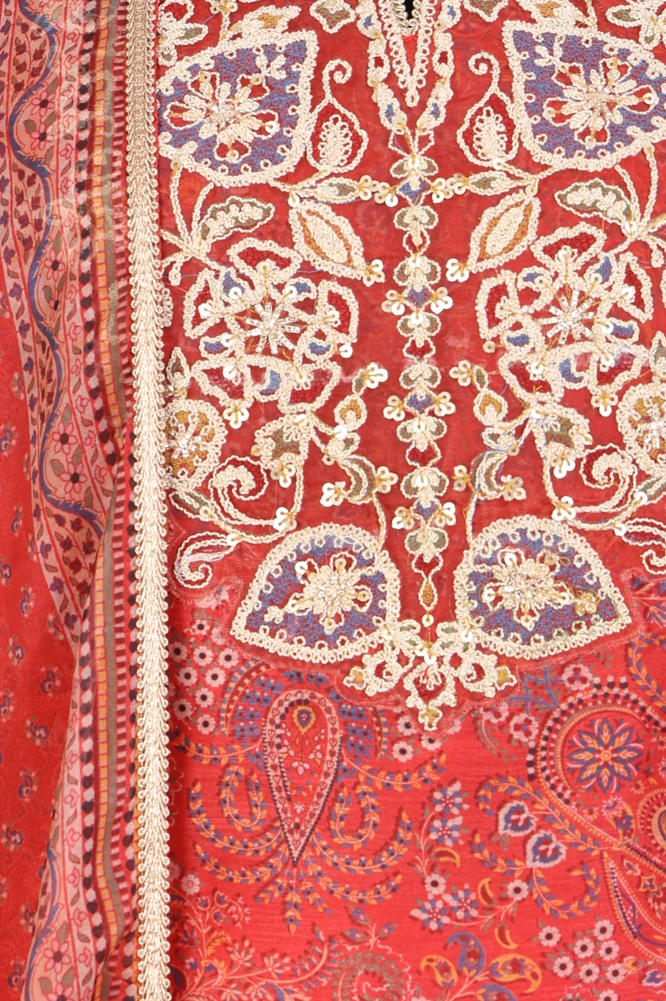 Red Zari Embroidered Paisley Printed Chanderi Straight Kurta with Sharara and Dupatta Set - Image 3