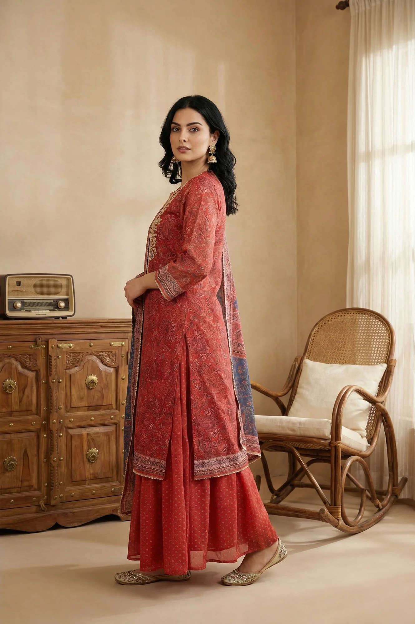 Red Zari Embroidered Paisley Printed Chanderi Straight Kurta with Sharara and Dupatta Set - Image 4