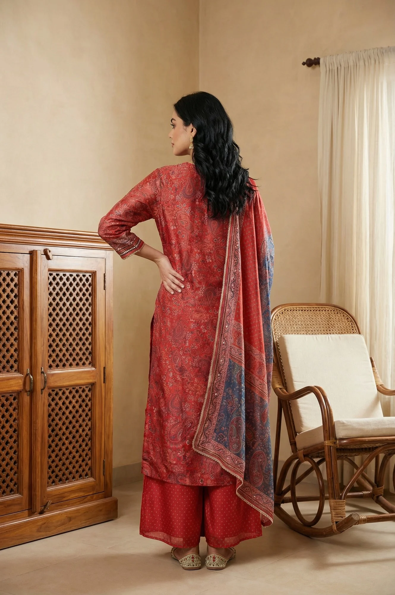 Red Zari Embroidered Paisley Printed Chanderi Straight Kurta with Sharara and Dupatta Set - Image 5