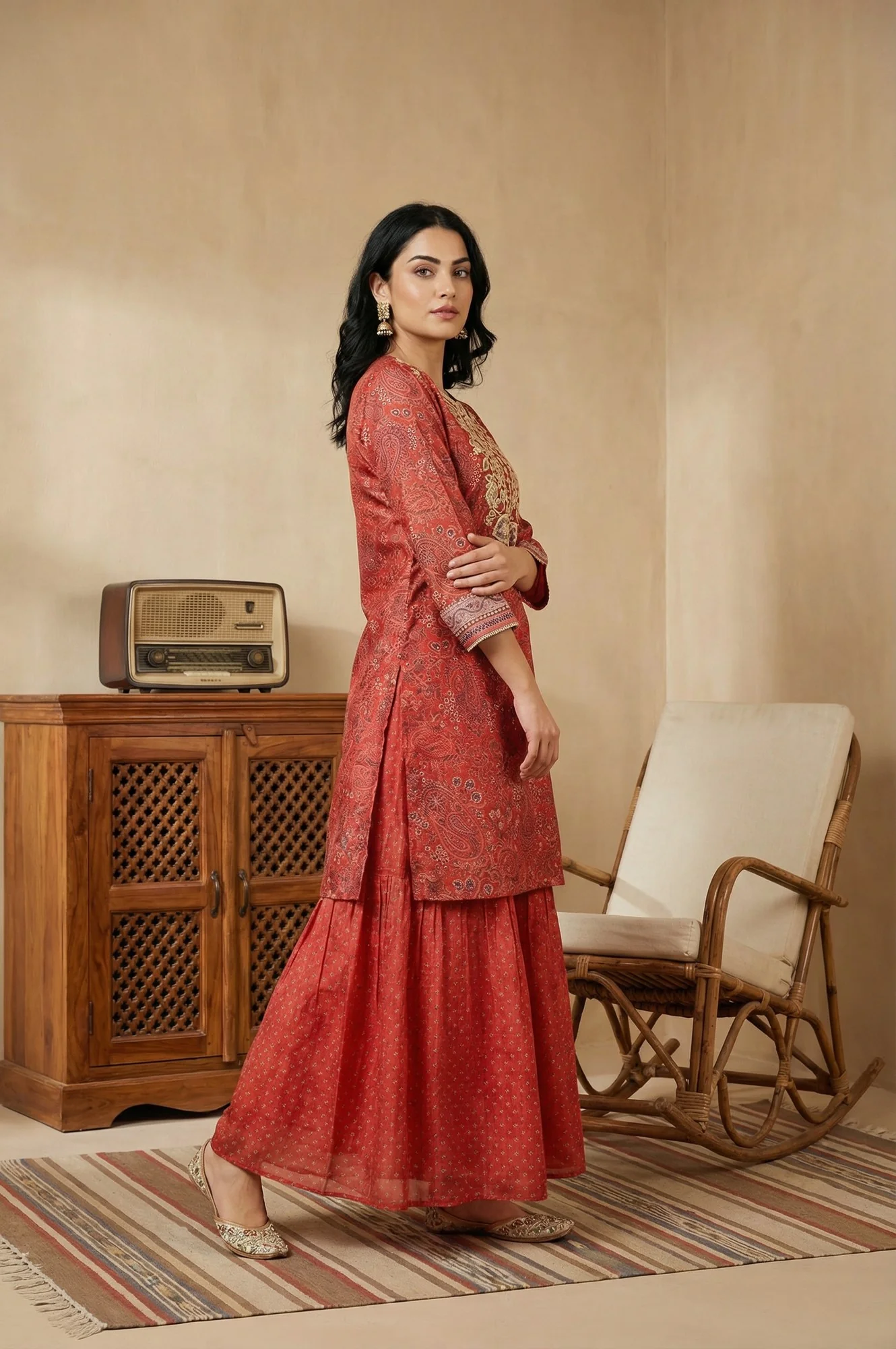 Red Zari Embroidered Paisley Printed Chanderi Straight Kurta with Sharara and Dupatta Set - Image 6