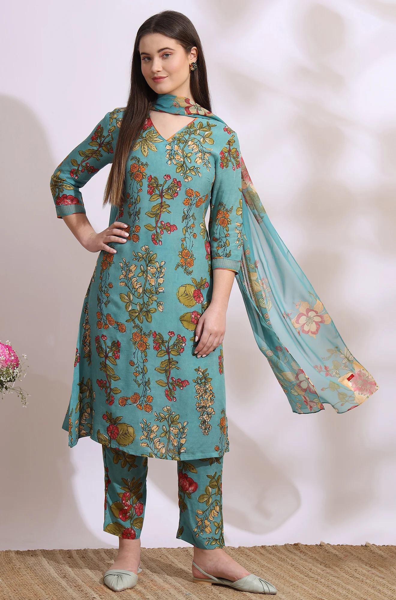 Reef Blue Floral Printed Modal Straight Kurta, Pants and Dupatta Set - Image 3