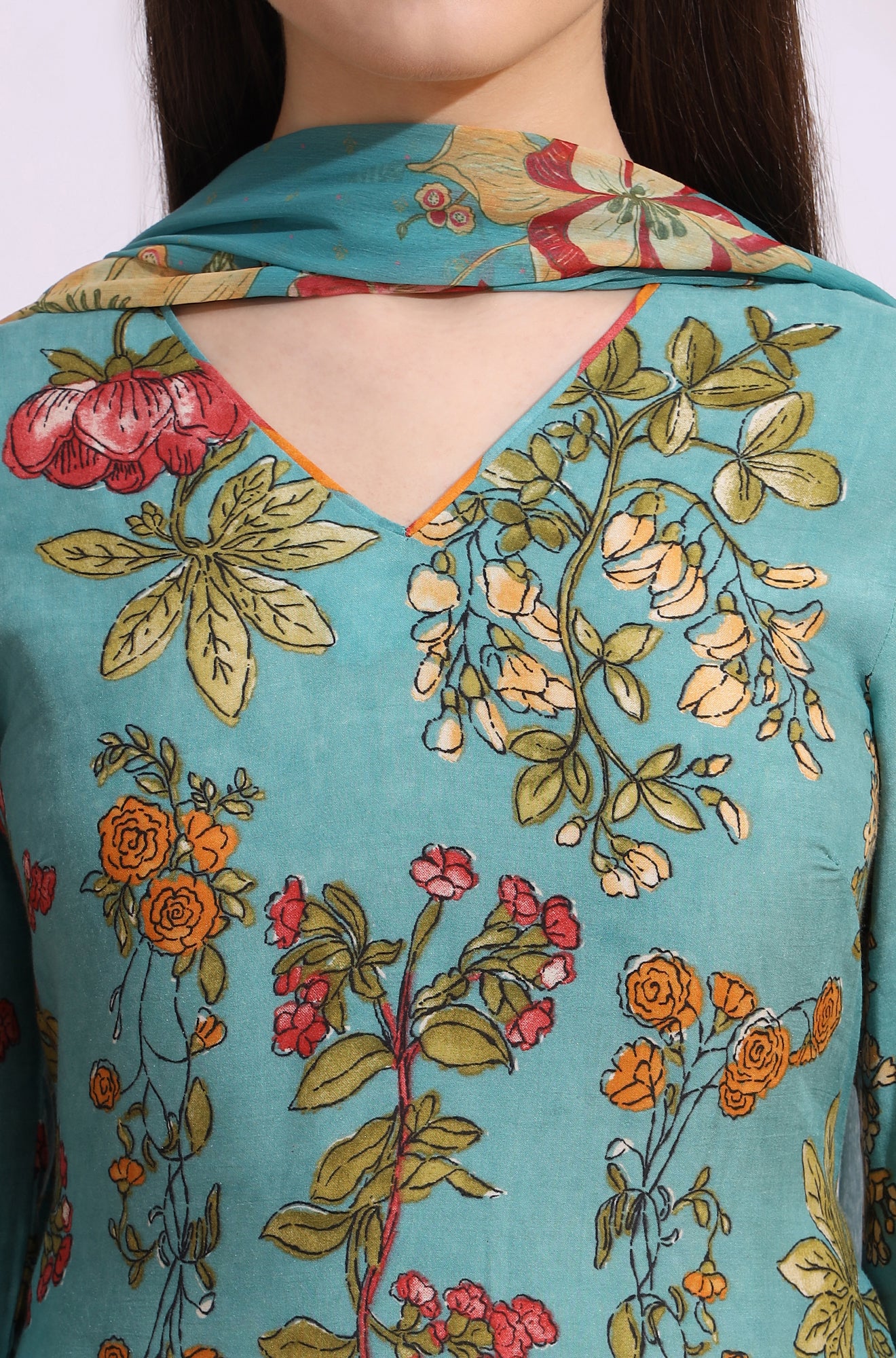 Reef Blue Floral Printed Modal Straight Kurta, Pants and Dupatta Set - Image 4