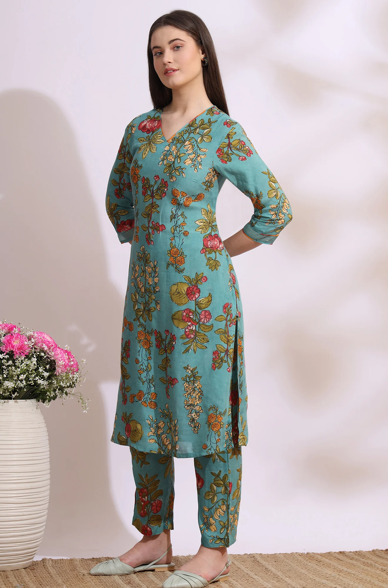 Reef Blue Floral Printed Modal Straight Kurta, Pants and Dupatta Set - Image 5