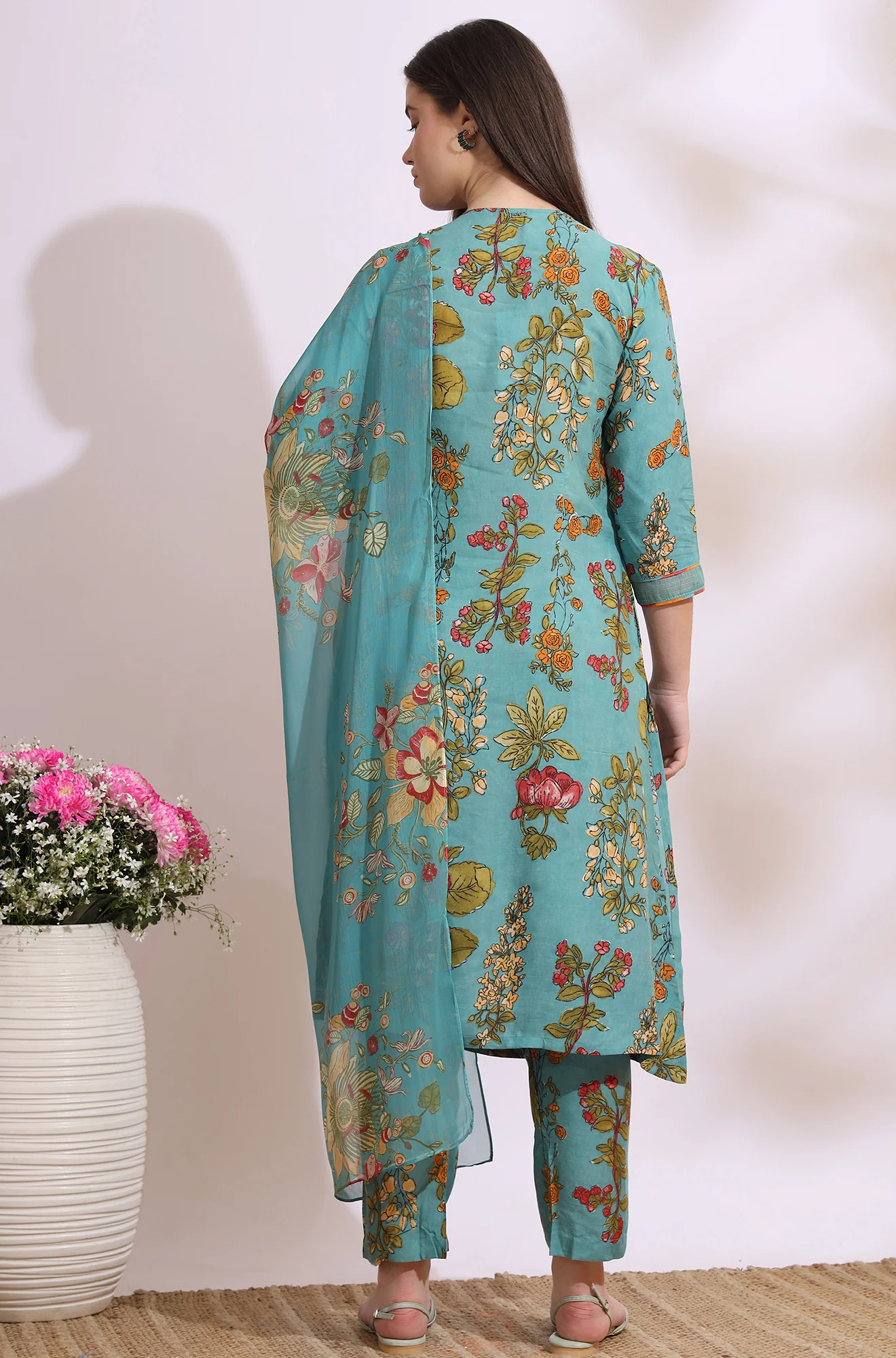 Reef Blue Floral Printed Modal Straight Kurta, Pants and Dupatta Set - Image 6