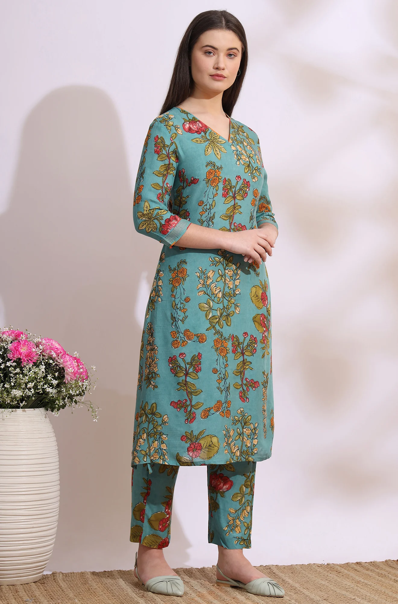 Reef Blue Floral Printed Modal Straight Kurta, Pants and Dupatta Set - Image 7